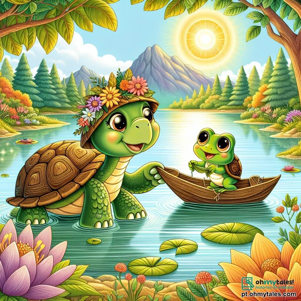 Uma tartaruga chamada Tita, com um bonito capacete brilhante como estrelas, está à beira de um lago cintilante, seus olhos brilhando de alegria e excitação. Ela está construindo um barco de folhas, usando seu longo pescoço para amarrar as folhas com cipós. Ao lado dela, um pequeno sapo chamado Pipo, com uma pele verde brilhante e olhos redondos e travessos, salta de alegria segurando uma folha nas patas, pronto para ajudar sua amiga. O lago é cercado por grandes flores coloridas e árvores majestosas, refletindo o sol dourado que ilumina a cena. Tita e Pipo se preparam para navegar juntos no lago, prontos para uma aventura cheia de risadas e amizade.