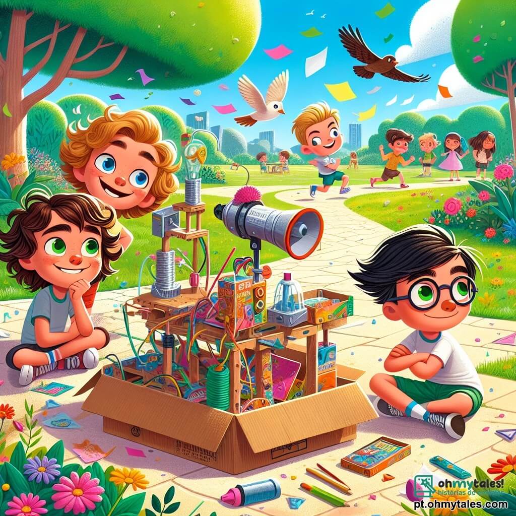 Em um parque ensolarado, quatro meninos de dez anos estão ao redor de uma máquina estranha feita de caixas de papelão e garrafas plásticas. Rafael, com cabelos castanhos e cacheados, sorri amplamente segurando um microfone improvisado, enquanto Pedro, com óculos redondos e cabelos loiros, usa um chapéu de papel. Lucas, com cabelos pretos e lisos, observa com curiosidade segurando uma banana, e Tiago, com cabelos castanhos e bagunçados, cruza os braços com um ar cético, mas divertido. O parque está cheio de flores coloridas, árvores verdes e um céu azul brilhante, criando uma atmosfera alegre. Ao longe, crianças brincam e pássaros cantam, contribuindo para a festa. Os meninos estão prestes a lançar sua invenção, uma máquina que, em vez de fazer a lição de casa, criará uma explosão de papéis coloridos, preenchendo o ar de alegria e risadas.