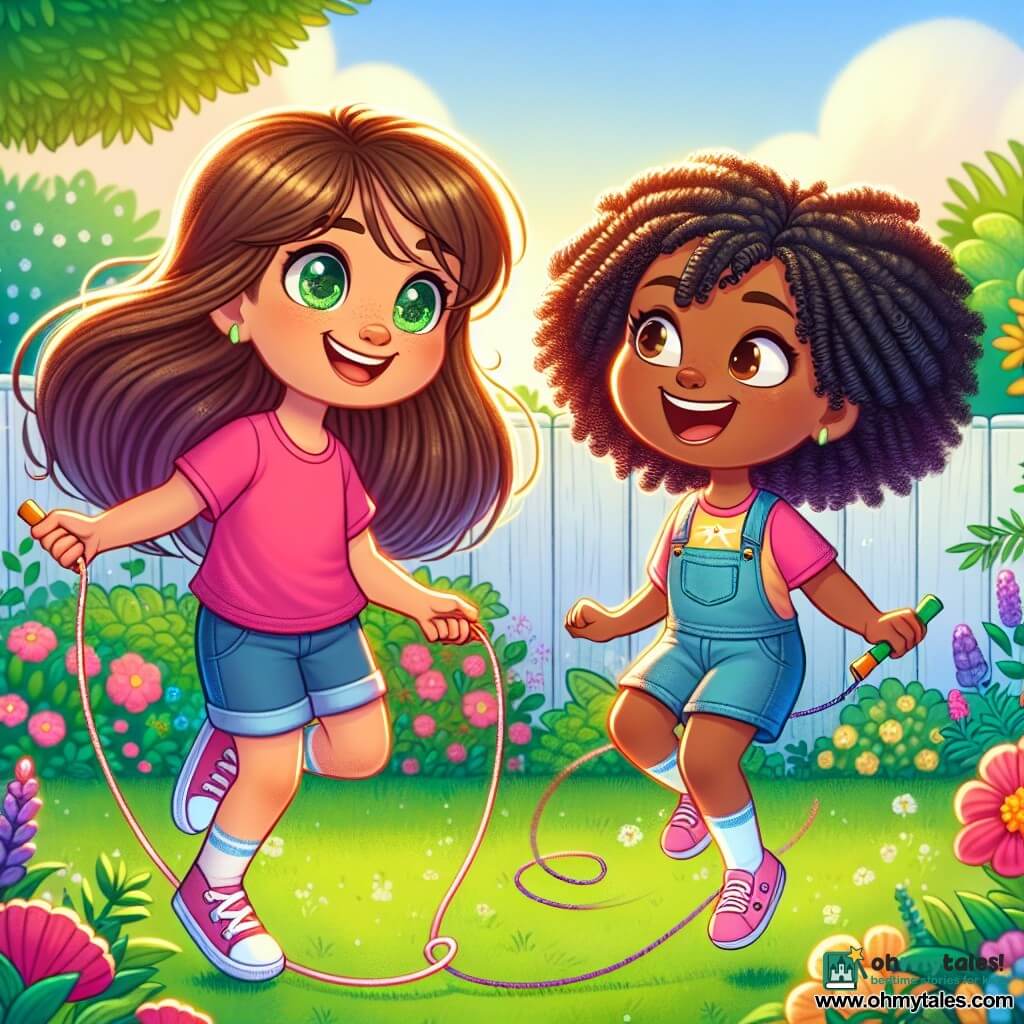 An 8-year-old girl with long brown hair and sparkling eyes joyfully smiles while jumping rope in a lush garden. She wears a pink t-shirt and denim shorts, her face radiating excitement and happiness. Next to her, another 8-year-old girl with curly black hair and caramel skin laughs as she clumsily tries to jump rope, filled with enthusiasm. They are in a sunny garden filled with colorful flowers and leafy trees, with a white fence in the background. The scene captures a moment of sharing and friendship, where the two girls support and enjoy each other, illustrating the beauty of tolerance and acceptance of differences.