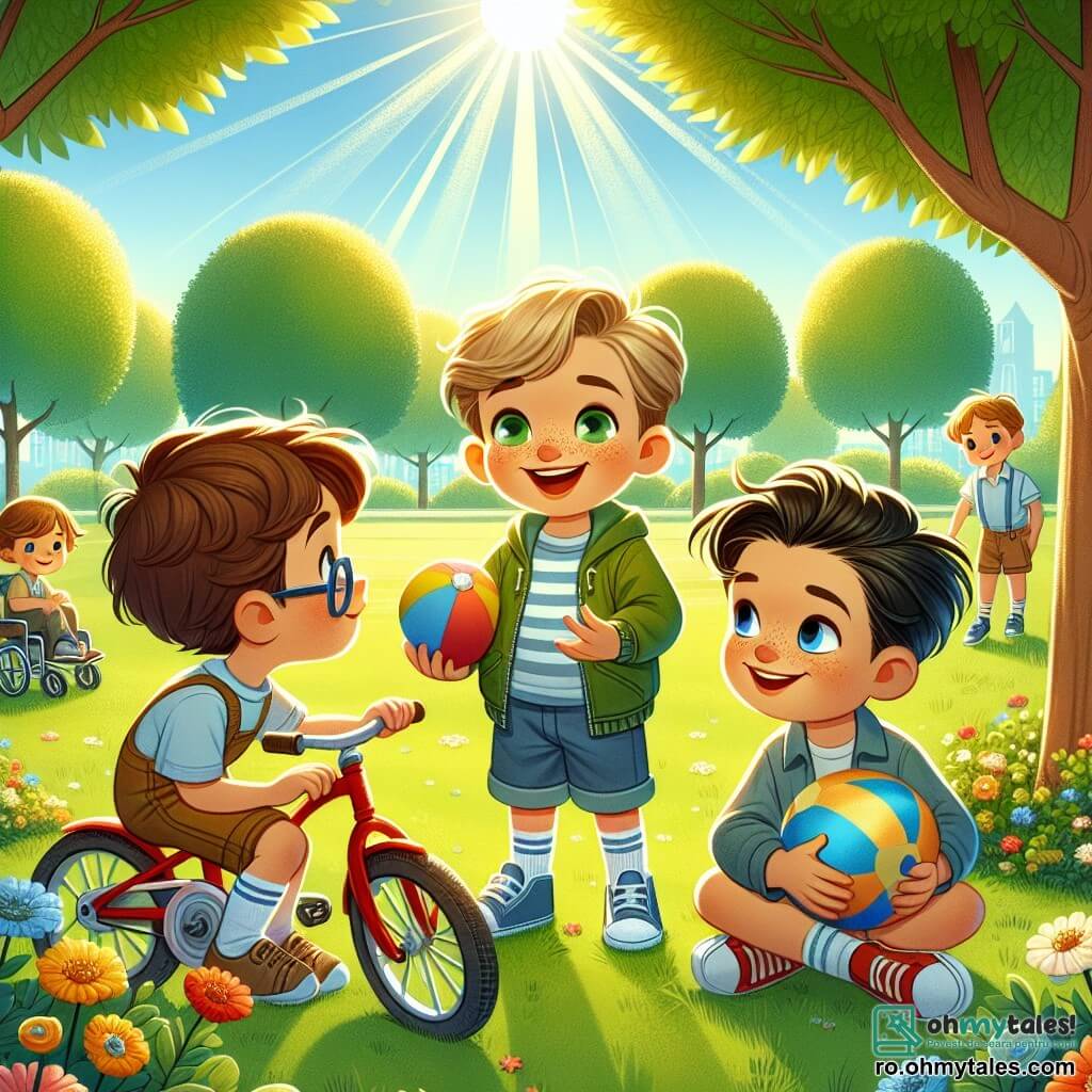 Într-un parc însorit, trei băieți sunt reuniți. Andrei, un băiat de 8 ani cu părul brun și ochelari, stă pe bicicleta lui roșie, zâmbind fericit. Lângă el, Radu, un băiat de 7 ani cu părul blond și pistrui, stă în picioare, ținând o minge mare colorată, având un aer entuziast. În cele din urmă, Mihai, un băiat de 9 ani cu părul negru și un zâmbet cald, stă în scaunul său cu rotile, observându-și prietenii cu bunăvoință. Parcul este plin de verdeață, cu copaci măreți, flori colorate și un cer albastru strălucitor. Departe, se pot vedea copii jucându-se și păsări cântând, creând o atmosferă veselă și primitoare. Situația principală îi arată pe cei trei băieți discutând serios după o cursă de biciclete, unde Radu a căzut. Vorbesc despre importanța de a spune adevărul și de a nu minți, împărtășind zâmbete și încurajări, ilustrând astfel prietenia lor și dorința de a învăța împreună.