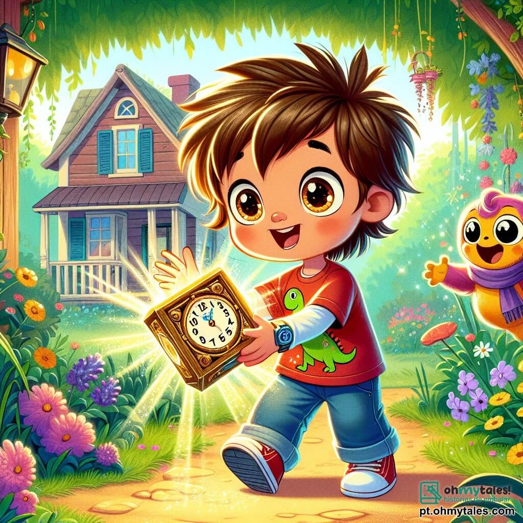 Um menino de 4 anos, Lucas, com cabelos castanhos bagunçados e olhos brilhantes de curiosidade, está no centro da imagem, sorrindo maravilhado enquanto descobre uma caixa mágica brilhante. Ele usa uma camiseta vermelha com um dinossauro estampado e um short azul. Ao seu lado, o Guia Temporal, uma criatura amigável parecida com um pequeno robô colorido, com olhos redondos e um sorriso caloroso, flutua no ar, apontando para a caixa com entusiasmo. O cenário é um jardim ensolarado, cheio de flores coloridas e árvores verdes, onde a luz do sol filtra pelas folhas, criando sombras dançantes no chão. No fundo, há uma pequena casa de madeira, acrescentando um toque de charme ao ambiente. A cena principal mostra Lucas e o Guia Temporal se preparando para ativar a caixa mágica, cercados por uma aura cintilante, prontos para embarcar em uma aventura no tempo. A expressão de Lucas é cheia de excitação e curiosidade, enquanto o Guia Temporal parece ansioso para começar a viagem.