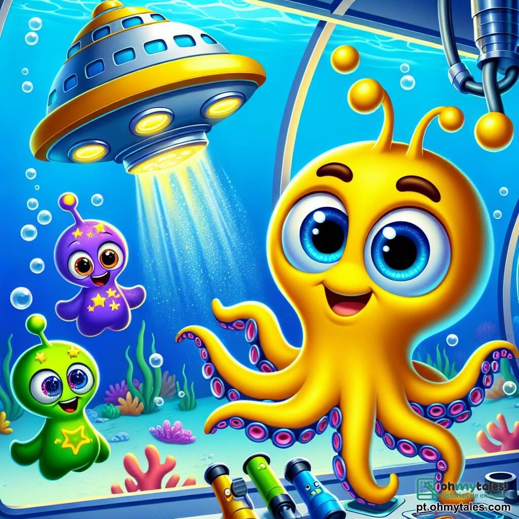 Um pequeno polvo amarelo brilhante, chamado Pipo, com grandes olhos redondos e um sorriso curioso, está observando uma nave espacial prateada que desce lentamente para o fundo do oceano. Seus braços estão espalhados ao seu redor, segurando instrumentos científicos brilhantes. Ao lado dele, três extraterrestres coloridos flutuam alegremente: um extraterrestre azul com antenas em espiral e um largo sorriso, um extraterrestre verde com olhos brilhantes e pele cintilante, e um extraterrestre roxo com estrelas em seu corpo, todos exibindo expressões de admiração. Eles estão se aproximando de Pipo, curiosos para descobrir seu mundo subaquático. O local é um laboratório subaquático iluminado, cheio de bolhas de ar e corais coloridos, com janelas que dão para um oceano azul profundo salpicado de peixes multicoloridos. A cena principal mostra Pipo, animado e um pouco nervoso, recebendo seus novos amigos extraterrestres que acabaram de pousar, prontos para explorar juntos as maravilhas do oceano.