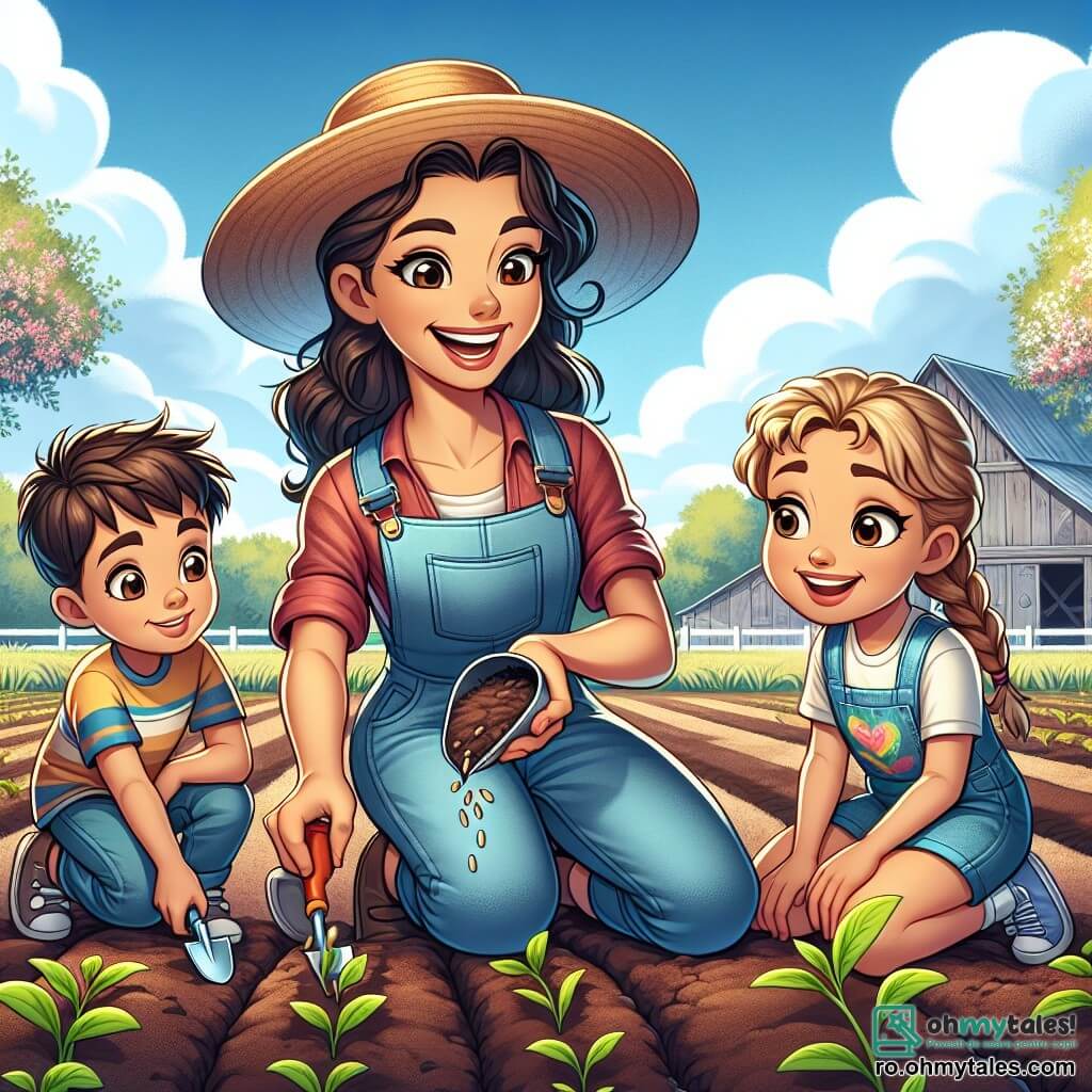 Ana, o femeie fermieră de aproximativ treizeci de ani, zâmbitoare și plină de energie, poartă o salopetă din denim și o pălărie de paie. Ea le arată copiilor cum să planteze semințe în pământ, cu gesturi entuziaste și ochi strălucitori de bucurie. Lângă ea, un băiat de 8 ani, cu părul brun și creț, observă atent, ținând o mică lopată din plastic și având o expresie de curiozitate. O altă fetiță de 7 ani, cu împletituri blonde și un tricou colorat, se așază lângă Ana, pregătită să pună o sămânță în pământ, cu fața radiantă de entuziasm. Scena are loc pe un câmp verde, sub un cer albastru strălucitor cu câteva nori albi pufoși. Rânduri de plante tinere încep să răsară din pământ, iar în fundal se vede un vechi hambar și pomi fructiferi înfloriți, adăugând o notă de culoare acestui peisaj bucolic. Situația principală arată activitatea de plantare a Anei și copiilor, cu râsete și schimburi vesele, ilustrează importanța naturii și a muncii în echipă la fermă.
