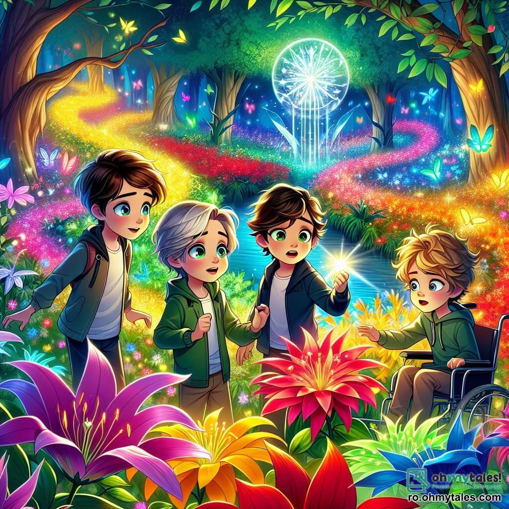 Într-un parc magic, patru băieți stau în cerc, fascinați de flori colorate care dansează în jurul lor. Andrei, un băiat de 10 ani cu părul brun și ochi strălucitori, se apropie de o floare luminoasă, cu un zâmbet uimit pe față. La dreapta lui, Luca, un băiat de 9 ani cu ochelari și păr blond ciufulit, observă cu atenție florile, având un aer intrigat. La stânga, Matei, un băiat de 11 ani în scaun cu rotile, privește cu curiozitate, ochii săi strălucind de determinare. În cele din urmă, Alex, un băiat de 10 ani cu părul negru și pielea măslinie, ridică o lanternă, pregătit să lumineze misterul. Parcul este plin de flori strălucitoare, cu petale sclipitoare care par să vibreze sub o briză blândă. Copacii măreți înconjoară spațiul, frunzele lor verzi filtrând lumina soarelui, creând o atmosferă feerică. La mijloc, un glob de cristal suspendat strălucește intens, proiectând reflexii multicolore pe sol. Băieții descoperă că florile le vorbesc și le cer ajutorul pentru a alunga o umbră misterioasă care amenință magia lor. Aerul este plin de o energie magică, iar copiii, uniți de curajul lor, se pregătesc să înfrunte necunoscutul.