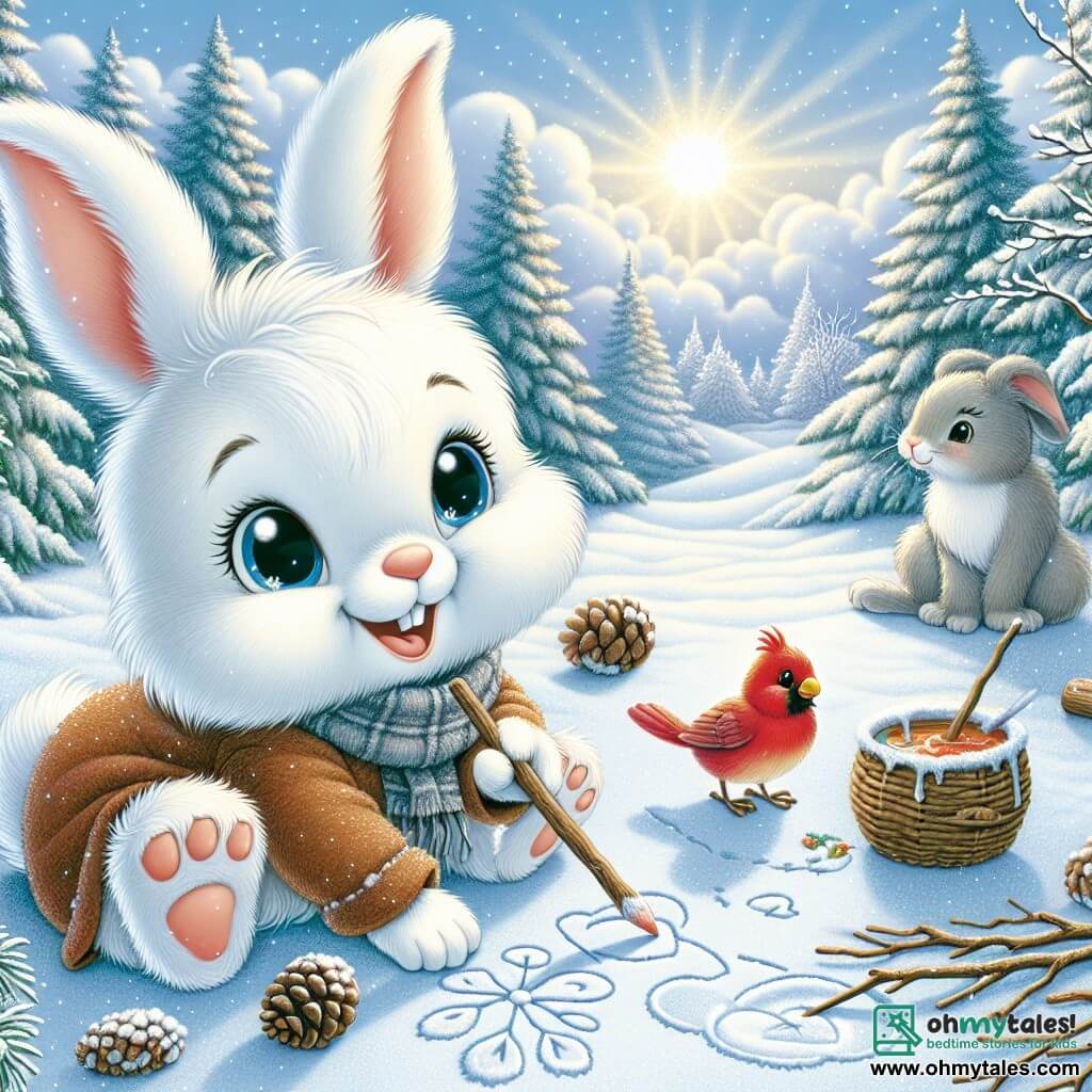 A young rabbit named Benny, with soft, fluffy fur as white as snow, is drawing in the snow with twigs and pinecones. He has bright, joyful eyes and a big smile on his face. Next to him, his mother, a light brown rabbit, watches proudly, her eyes sparkling with happiness while holding a cup of hot soup. His father, a gray rabbit, is gathering branches to help Benny, wearing a warm and encouraging smile. The scene takes place in a magical clearing surrounded by majestic trees covered in sparkling snow, with the ground a fluffy carpet of white flakes. The sky is a bright blue, dotted with light clouds, and the sun shines gently, illuminating the whole scene. Benny is creating a winter garden in the snow, tracing flowers and joyful shapes, while a red cardinal lands on a nearby branch, adding a splash of color to this enchanting winter landscape.