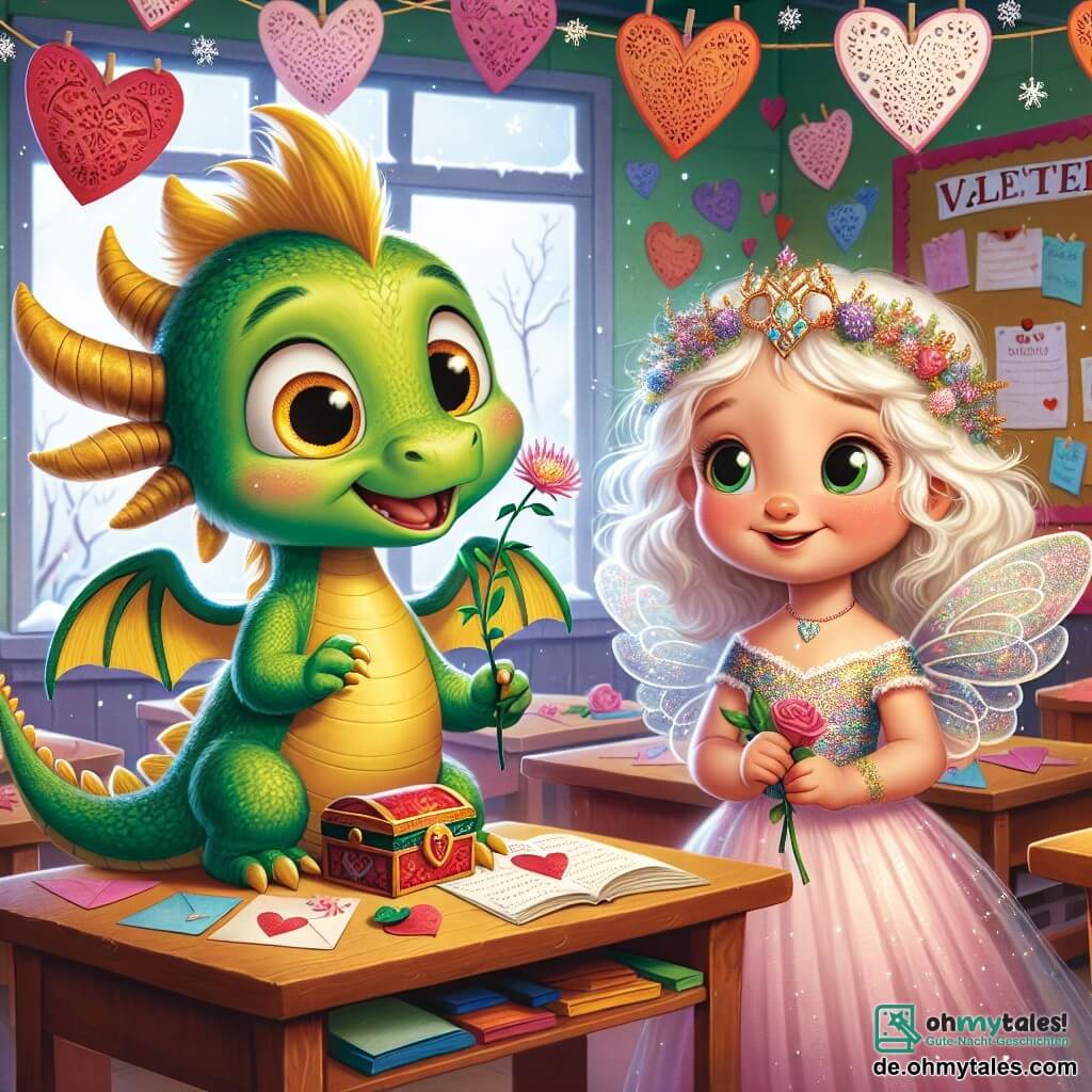 Ein kleiner grüner Drache namens Lio, mit leuchtenden Augen wie Honigkugeln, steht fröhlich im Zentrum eines für den Valentinstag dekorierten Klassenzimmers. Er lächelt breit, seine kleinen Flügel ausgebreitet, und hält eine zarte Veilchenblume in seinen Vorderpfoten, voller Enthusiasmus und Neugier. Neben ihm steht eine Prinzessin namens Mira, gekleidet in ein glitzerndes, buntes Papierkleid, und schaut Lio mit einem warmen Lächeln an. Ihre Haare wehen wie Baumwollwolken, und sie hält eine Rose in der Hand, träumerisch und freundlich. Das Klassenzimmer ist mit Papierherzen, bunten Girlanden und Kinderzeichnungen geschmückt. Eine große Holzkiste mit herzförmigen Mustern steht auf einem Tisch, offen und zeigt Briefe und Blumen im Inneren. Lio und Mira bereiten sich darauf vor, Botschaften der Freundschaft und Freundlichkeit zu teilen, umgeben von einer fröhlichen und festlichen Atmosphäre voller lebendiger Farben und strahlender Lächeln.