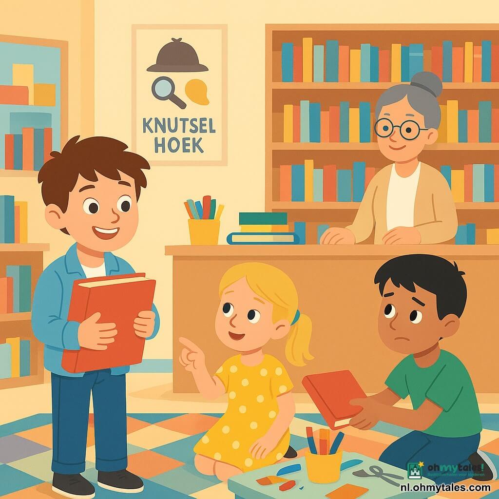 Een glimlachende en opgeluchte 10-jarige Tim met warrig bruin haar en bruine ogen, in lichtblauwe jas en jeans, houdt een groot rood boek tegen zijn borst en kijkt naar een stapel boeken; een ongeveer 8-jarig meisje met blonde couettes en een gele stippenjurk zit in een fauteuil naast hem en wijst nieuwsgierig naar de knutselhoek; een ongeveer 11-jarige jongen met kort zwart haar en groen T-shirt, verlegen, hurkt bij een knutseltafeltje en reikt een boek naar Tim; een vrouwelijke bibliothecaris van ~45 met grijs haar in een knot, ronde bril en beige blouse staat trots glimlachend achter de balie; plaats: lichte pastelbibliotheek met lichte houten kasten, kleurrijke boeken, knutseltafel met potten potloden en scharen en een poster "detective workshop"; hoofdscène: Tim vindt het verdwenen boek op een kleine stapel bij de knutselhoek, warme speelse sfeer, personages in een halve cirkel rond de stapel.