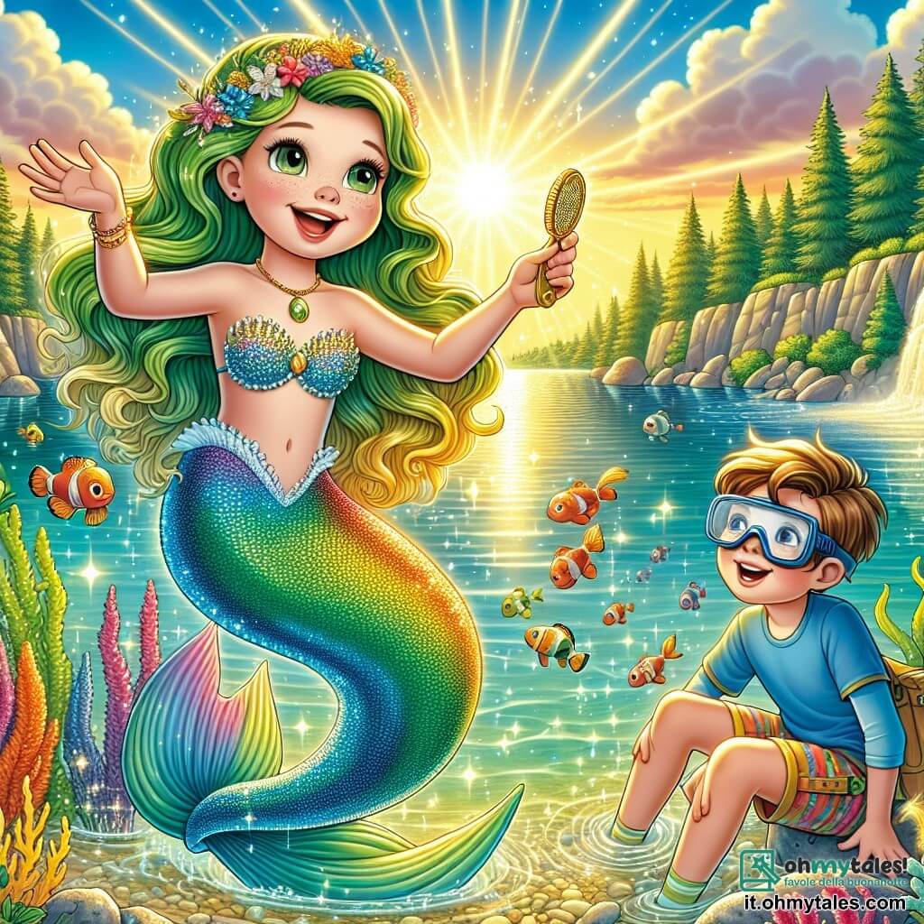 Una sirena dai lunghi capelli verdi brillanti, con una coda scintillante dai colori dell'arcobaleno, nuota gioiosamente nelle acque cristalline di un lago magico. Il suo viso esprime gioia ed eccitazione mentre tiene un pettine dorato tra le mani, pronta a cantare. Accanto a lei, un ragazzo di nove anni di nome Leo, con capelli castani e occhiali da sub, osserva con meraviglia. Indossa una maglietta blu e un pantaloncino colorato, e sta battendo delicatamente su una pietra per creare una melodia. Il decor è un lago soleggiato, circondato da magnifiche alghe colorate che danzano al ritmo dell'acqua, mentre pesci multicolori nuotano intorno a loro. I raggi di sole filtrano attraverso la superficie, illuminando la scena con una luce dorata. La sirena e Leo sono al centro dell'immagine, circondati da un'atmosfera gioiosa e magica, catturando lo spirito di avventura e amicizia del loro incontro.