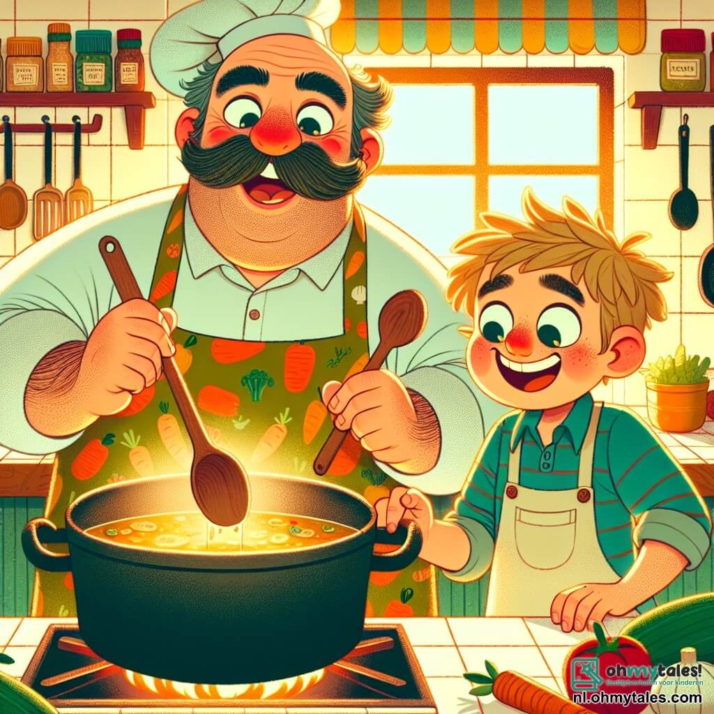 In een warme en kleurrijke keuken staat chef Karel, een joviale man van een vijftigtal met een grote bruine snor en een schort met groentepatronen, enthousiast te roeren in een grote pan soep op het vuur. Zijn ogen stralen van vreugde en zijn gezicht is verlicht door de passie voor koken. Naast hem staat Timmy, een 8-jarig jongetje met tousled blond haar en een gezicht vol nieuwsgierigheid. Hij draagt een groot schort dat bijna tot zijn knieën valt en houdt een houten lepel vast, klaar om de chef te helpen. Timmy kijkt vol verwondering naar de soep, ongeduldig om hun creatie te proeven. De keuken is gevuld met levendige kleuren: planken vol specerijpotten, verse groenten op het aanrecht en glanzende keukengerei aan de muur. Het zonlicht valt door een raam en verlicht de ruimte met een zachte warmte. In deze scène bereiden Karel en Timmy samen een heerlijke soep, delen ze lachen en momenten van samenzijn, wat de magie van koken en leren illustreert.
