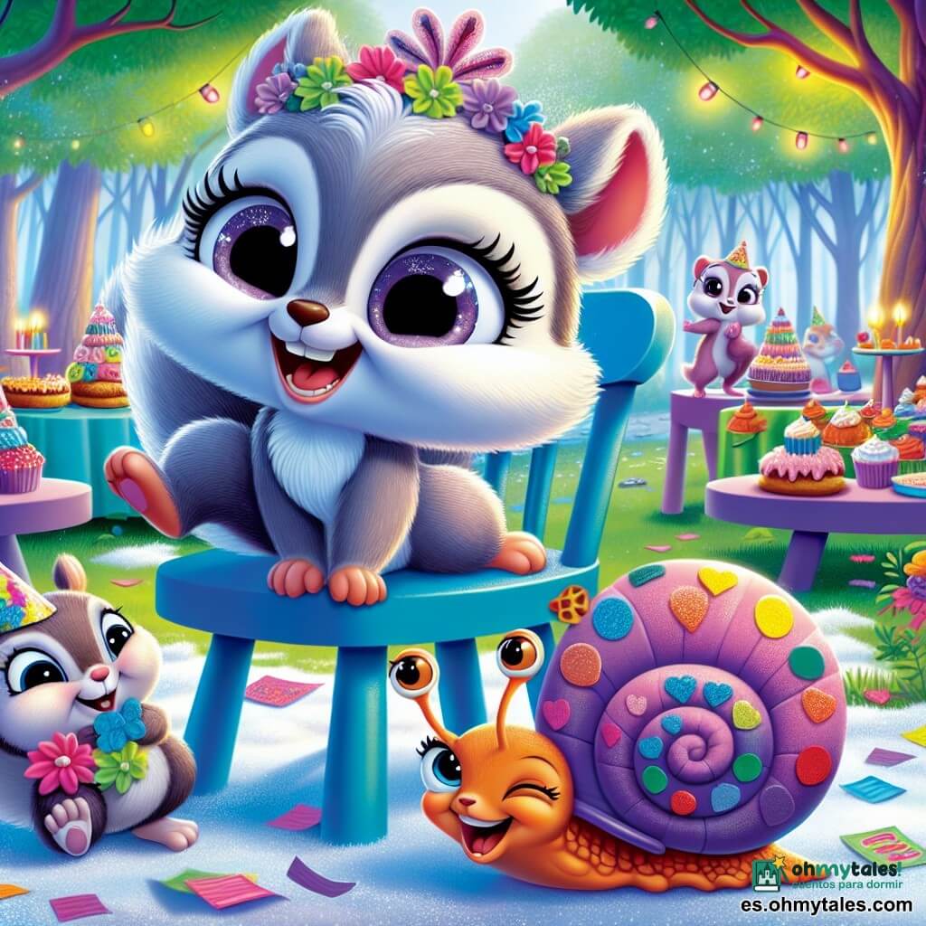 Lila, una pequeña ardilla gris con pelaje suave y sedoso, con grandes ojos brillantes de curiosidad, se desliza alegremente sobre una silla azul decorada con flores de papel, una sonrisa radiante ilumina su rostro. Junto a ella, Paco, un caracol con un caparazón colorido lleno de sellos, se retuerce de risa, sus antenas vibrando de emoción, mientras intenta mantener el equilibrio sobre una pequeña pila de cartas. El decorado es un parque encantado, donde majestuosos árboles con hojas verdes vibrantes se alzan, y donde una suave y ligera nevada cubre el suelo, creando un contraste mágico con los colores vivos de las decoraciones de la fiesta. La escena representa una alegre fiesta de San Valentín, donde los amigos del bosque se reúnen alrededor de mesas llenas de golosinas, intercambiando sonrisas y risas, celebrando la amistad y el amor en un ambiente cálido y festivo.