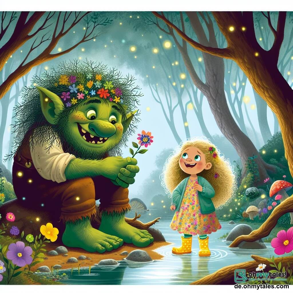 Ein Troll namens Grummel, mit grüner Haut und funkelnden Augen, sitzt am Rand eines kleinen Teiches, ein breites Lächeln auf seinem Gesicht. Seine zerzausten Haare ähneln Algen, und er hält eine bunte Blume in der Hand, während er Lila wohlwollend ansieht. Lila, ein zehnjähriges Mädchen mit lockigem, blondem Haar, trägt ein buntes Kleid und Gummistiefel. Sie steht mit leuchtenden Augen voller Aufregung da, bereit, den geheimnisvollen Sumpf zu erkunden. Der Ort ist ein mysteriöser Sumpf, umhüllt von leichtem Nebel, wo knorrige Bäume majestätisch emporragen. Bunte Blumen wachsen um den Teich, und Glühwürmchen tanzen in der Luft, was der Atmosphäre einen Hauch von Magie verleiht. Die Hauptsituation zeigt Grummel und Lila, die fröhlich diskutieren, während sie sich darauf vorbereiten, die Geheimnisse des Sumpfes zu lösen, umgeben von der verzauberten Schönheit der Natur.