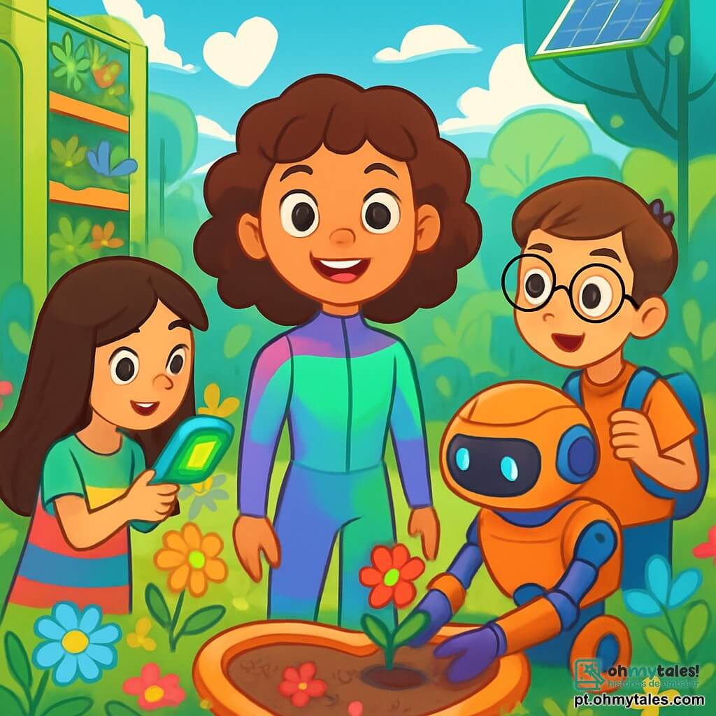 Uma menina de 10 anos, Clara, com grandes olhos brilhantes e cabelos cacheados, está no centro da imagem, sorridente e cheia de encantamento. Ela veste um uniforme futurista nas cores lilás e verdes, que muda de tom conforme seu humor. Ao lado dela, um garoto da mesma idade, Theo, com óculos redondos e cabelos castanhos, observa um robô jardineiro que planta flores, seu rosto iluminado pela curiosidade. Um pouco mais longe, uma menina chamada Íris, com cabelos longos e lisos, vestida com um vestido colorido, usa um aparelho para escanear plantas, concentrada e entusiasmada. O cenário é um jardim futurista, repleto de jardins verticais luxuriantes, robôs coloridos e painéis solares brilhantes, sob um céu azul claro salpicado de nuvens em forma de coração. Flores luminosas e árvores com folhas cintilantes adicionam um toque mágico ao ambiente. A cena principal mostra Clara e seus amigos trabalhando juntos para ajudar um robô a plantar sementes, criando um jardim em forma de coração, enquanto riem e se divertem neste mundo vibrante e tecnológico.