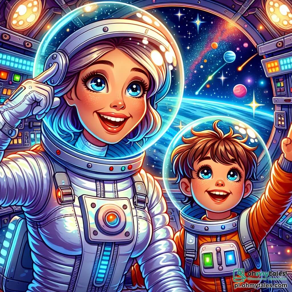 Astronautka, uśmiechnięta i zachwycona, unosi się w stacji kosmicznej. Ma na sobie błyszczącą białą skafander z niebieskimi akcentami i przezroczysty hełm, który odsłania jej radosną twarz. Jej oczy błyszczą z ekscytacji, gdy obserwuje gwiazdy przez duże okno. Obok niej stoi 6-letni chłopiec, Krzyś, z rozczochranymi brązowymi włosami, który z fascynacją patrzy. Ma na sobie miniaturowy skafander, za duży dla niego, co czyni go jeszcze bardziej urokliwym. Wskazuje na jasną gwiazdę, jego oczy są szeroko otwarte z ciekawości. Stacja kosmiczna wypełniona jest kolorowymi panelami sterującymi, migającymi światłami i okrągłymi oknami z widokiem na gwiaździste niebo. W oddali widać kolorowe planety, co dodaje magii przestrzeni. W tej scenie astronautka i mały chłopiec dzielą chwilę odkrycia, zachwyceni pięknem kosmosu i marzący o przyszłych przygodach wśród gwiazd.