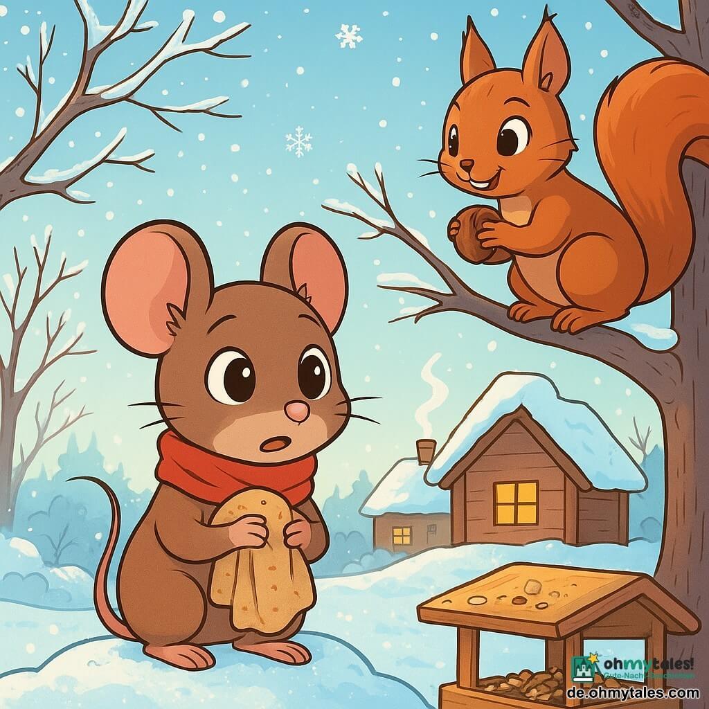 Eine kleine braune Maus namens Mina mit großen neugierigen Augen und einer kleinen rosa Nase steht auf einem glitzernden Schneehaufen, ihre Miene ist sowohl erstaunt als auch ein wenig ängstlich. Sie trägt ein kleines rotes Halstuch und hält ihr Kuscheltier, ein altes Stück Stoff, fest umschlungen. In der Nähe klettert ein rotes Eichhörnchen mit buschigem Schwanz und funkelnden Augen auf einen Ast, lächelt Mina freundlich an und hält eine Nuss in seinen kleinen Pfoten. Die Szene spielt in einem winterlichen Garten mit kahlen Bäumen, deren Äste mit Reif bedeckt sind, während sanfte Schneeflocken vom hellblauen Himmel fallen. Mina, obwohl nervös, nähert sich einer kleinen Futterstation voller Samen und Brotkrumen, bereit, einen mutigen Schritt zur Nahrung zu machen, während die untergehende Sonne die Szene in warmes goldenes Licht taucht.