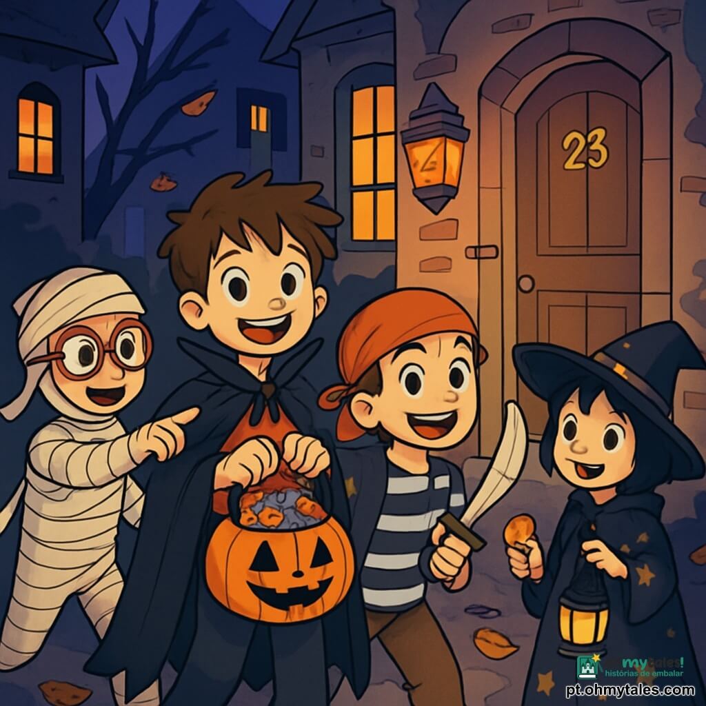 Há 4 crianças: - Tomás: um menino de 10 anos, com cabelo castanho bagunçado e olhos brilhantes. Ele usa uma capa preta de vampiro e segura um saco de doces, sorrindo entusiasticamente no centro. - Gui: um menino de 9 anos, com cabelo loiro e um grande par de óculos. Ele está fantasiado de múmia com ataduras brancas que se desenrolam levemente, apontando para uma casa à esquerda de Tomás. - Rafa: um menino de 10 anos, com cabelo castanho e um bandana vermelho. Ele está vestido de pirata, segurando uma espada falsa, à direita de Tomás, rindo e mostrando um doce que encontrou. - Leo: um menino de 11 anos, com cabelo preto e um chapéu de feiticeiro muito grande. Ele veste uma roupa preta com estrelas douradas e segura uma pequena lanterna, observando a cena com curiosidade um pouco atrás. O local é uma rua escura e misteriosa, com casas antigas cujas janelas são iluminadas por lanternas em forma de abóbora. Folhas secas giram ao redor das crianças e sombras dançam nas paredes, criando uma atmosfera mágica e um pouco assustadora. A cena principal mostra as crianças se aproximando de uma casa no número 23, onde uma grande abóbora sorridente brilha na porta. Elas parecem animadas e um pouco nervosas, prontas para bater à porta em uma aventura de Halloween cheia de surpresas.