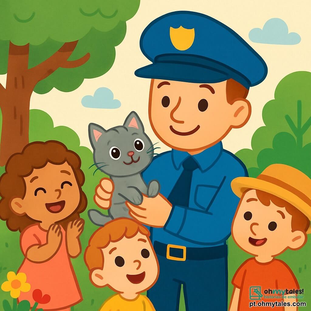 Um policial homem, com um rosto sorridente e benevolente, usa um uniforme azul brilhante e um grande chapéu. Ele segura um pequeno gatinho cinza com olhos brilhantes em seus braços, exibindo uma expressão de orgulho e ternura. Ao seu lado, um grupo de três crianças: uma menina de 5 anos com cabelos cacheados e um vestido rosa, aplaudindo com entusiasmo; um menino de 6 anos, vestindo uma camiseta amarela, que sorri com admiração; e outro menino de 4 anos, com um chapéu de palha, que olha para o gatinho com olhos arregalados. A cena ocorre em um parque verdejante, com árvores frondosas e flores coloridas ao redor. Ao fundo, há uma grande e bela árvore onde o gatinho estava preso. A situação principal mostra o policial sorridente segurando o gatinho, enquanto as crianças o cercam, todas alegres e empolgadas por terem ajudado a salvar o pequeno animal.
