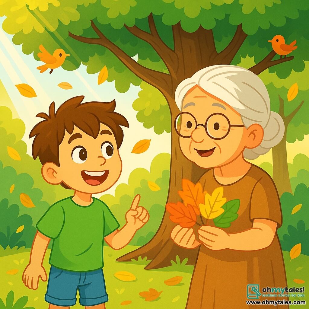 An 8-year-old boy named Oliver, with messy brown hair and curious sparkling eyes, stands in front of a majestic oak tree. He wears a bright green t-shirt and denim shorts, and his face shows joyful determination with a radiant smile. Next to him is an elderly lady, embodying wisdom, with silver hair and round glasses, representing the tree. She is dressed in a natural fabric dress and smiles warmly at Oliver, showing him colorful leaves she holds in her hands. The setting is a lush forest, bathed in golden light, with sunlight filtering through the branches. The ground is scattered with brightly colored leaves, and birds are singing in the trees. The main scene shows Oliver, eyes shining, asking questions to the wise tree while leaves gently fall around them, symbolizing change and the beauty of nature.