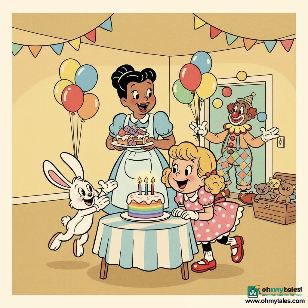 A joyful 4-year-old girl with curly blonde pigtails in a pink polka-dot dress and red patent shoes blows three candles on a rainbow cake while Benny, a small anthropomorphic white rabbit with long floppy ears, claps beside the table; her mother, a brown-haired woman in a bun wearing a pastel apron, stands slightly back holding a plate of cake slices, and a friendly male clown with a red round nose, oversized shoes and multicolored balloons stands near the door; the bedroom is decorated for a party with paper garlands, red, yellow and blue balloons, striped tablecloths, soft light and saturated colors, a warm, dynamic scene centered on the cake in the foreground.