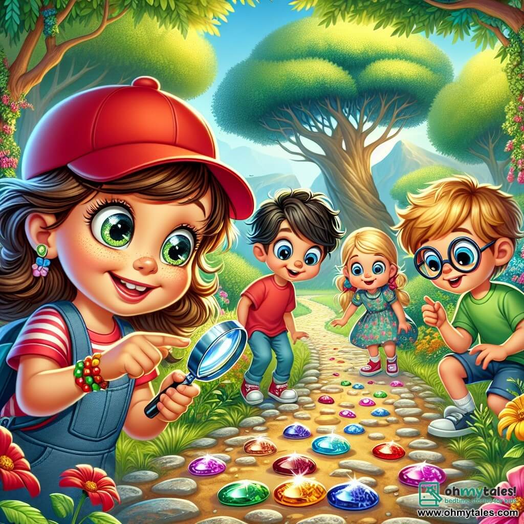 An 8-year-old girl, Emma, with sparkling eyes and a big smile, wears a red cap and holds a magnifying glass. She stands on a mysterious path, her slightly wavy brown hair falling on her shoulders. Next to her, Max, an 8-year-old boy with round glasses and messy blonde hair, curiously looks at the shiny stones. Lily, a 7-year-old girl with braids and a floral dress, points at the stones, her eyes wide with excitement. Sam, an 8-year-old boy in a green t-shirt and shorts, leans in to examine the stones closely. The setting is a green park with tall trees, colorful flowers, and a dirt path lined with bushes. In the distance, a majestic oak tree can be seen. The main scene shows the group of friends, intrigued, following a line of small shiny stones leading to a secret path, their faces lit up by adventure and mystery.
