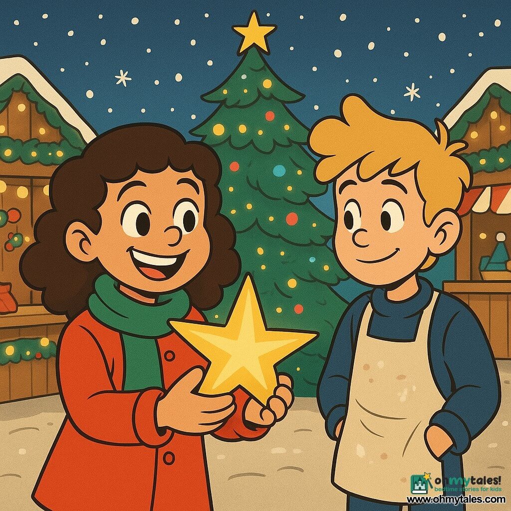 A 12-year-old girl named Maya, with curly brown hair and a big warm smile, holds a shiny golden star in her hands. She is wearing a bright red coat and a green scarf, her eyes sparkling with joy. Next to her, a teenage boy named Ethan, with tousled blond hair and an apron dusted with flour, looks at the star with a shy smile. He stands slightly back, hands in his pockets. They are in the center of a bustling Christmas market, surrounded by wooden stalls decorated with string lights and gently falling snowflakes. In the background, a large illuminated Christmas tree stands, its branches adorned with colorful baubles and twinkling garlands. The scene captures the moment when Maya and Ethan are about to place the star back on top of the tree, symbolizing the magic and spirit of Christmas.