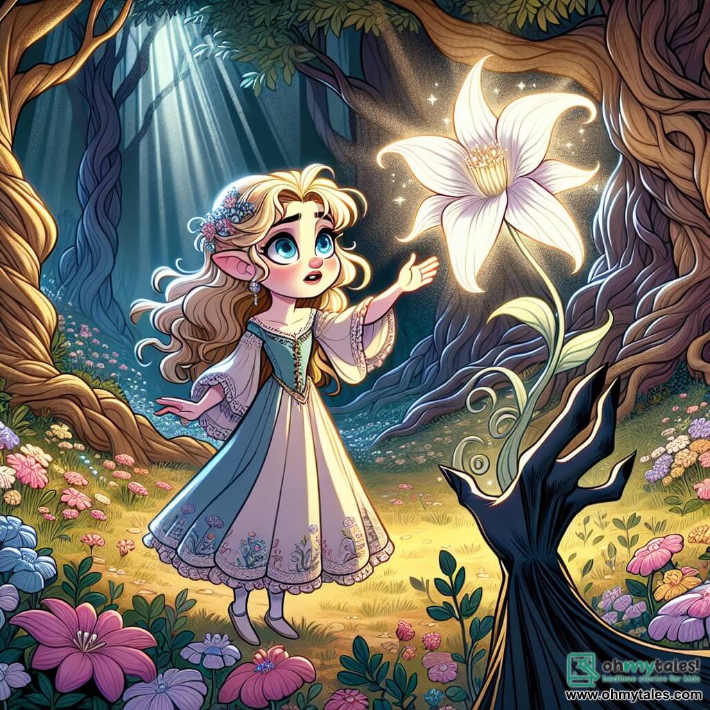 Elara, a young woman with sparkling eyes and golden hair, stands in the center of an enchanted clearing, her face radiating determination and courage. She wears a light pastel dress adorned with delicate flowers and reaches out to a beautiful Moonflower glowing with a soft silver light. Morgath, a witch with hair as black as night and icy eyes, stands slightly back, her initially threatening expression now tinged with hesitation. She wears a dark, flowing dress that seems to blend into the shadows of the forest. The setting is a magical clearing in the heart of the woods, surrounded by majestic trees with gnarled trunks and shimmering leaves. Rays of light filter through the foliage, illuminating the ground covered with colorful flowers and soft moss. The main scene shows Elara, full of bravery, reaching for the Moonflower, while Morgath, touched by the flower's light and beauty, begins to abandon her dark intentions, creating a moment of transformation and hope.