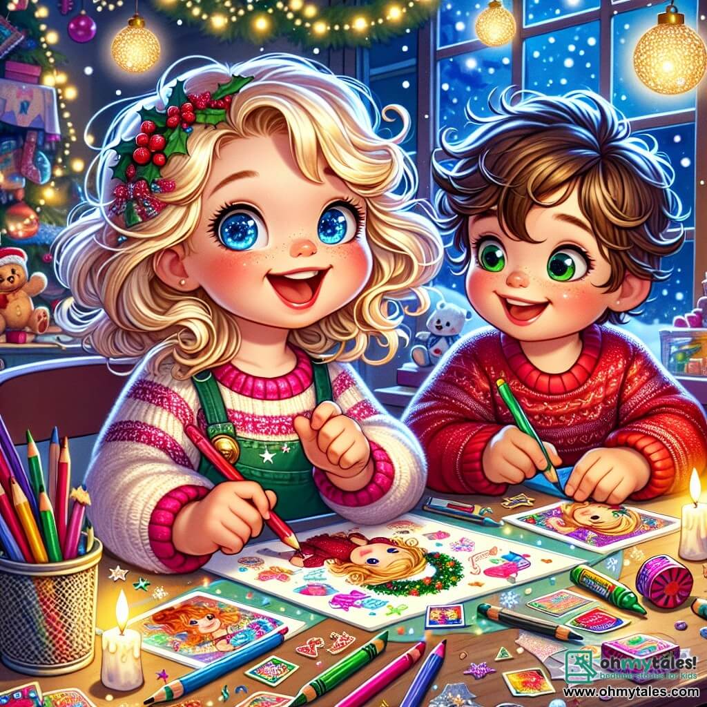 A 4-year-old girl named Lily, with sparkling blue eyes and curly blonde hair, is sitting at a colorful table surrounded by shiny papers and crayons. She has a big smile on her face, showing her joy and excitement as she creates a Christmas card. Next to her, her friend Max, a 5-year-old boy with messy brown hair and a red sweater, enthusiastically helps her. He holds shiny stickers and looks at Lily with admiration, ready to add his touch to the card. The scene takes place in a cozy room decorated with fairy lights and scattered toys, with an open window letting in softly falling snowflakes outside. Lily and Max are working together on the Christmas card, surrounded by bright colors and magic, while snowflakes dance around them, creating a festive and joyful atmosphere.
