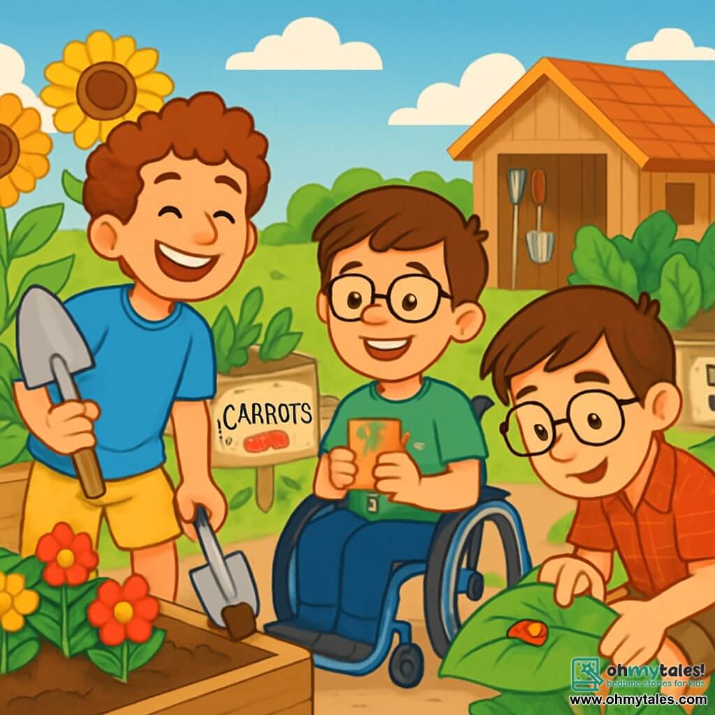 There are three characters: Jamie, an 11-year-old boy with curly hair and a big smile, wearing a blue t-shirt and yellow shorts, holding a shovel ready to plant flowers; Max, a 10-year-old boy in a wheelchair with glasses and brown hair, wearing a green t-shirt with robot designs, smiling while holding a small box of seeds; and Ethan, an 11-year-old boy with straight hair and glasses slipping down his nose, wearing a red plaid shirt and beige shorts, crouched down observing a ladybug on a leaf. The scene takes place in a vibrant community garden filled with rows of green vegetables, bright flowers, and tall sunflowers swaying gently in the wind. Wooden boxes filled with rich soil and hand-painted signs indicate various plants. In the background, there is a small wooden shed where gardening tools are neatly stored. The main action shows the three friends working together to plant flowers in the garden, with Jamie digging a hole, Max preparing to sow seeds, and Ethan marveling at a ladybug, all smiling and full of energy under a blue sky dotted with white clouds.