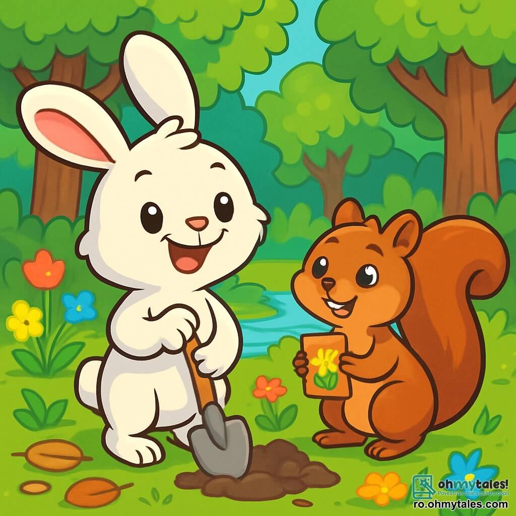 Un iepuraș pe nume Zippy, cu blană albă și urechi mari, stă în picioare pe labele din spate, având un zâmbet vesel și hotărât. Ține o mică lopată de lemn în labele din față, pregătit să planteze flori. Lângă el, o veveriță jucăușă, cu blană brună și coadă pufoasă, îl privește pe Zippy cu ochi strălucitori de entuziasm, ținând o cutie mică de semințe. În fundal, o pădure verde se întinde, plină de copaci măreți cu frunze strălucitoare și flori colorate care încep să înflorească. Zippy și veverița lucrează împreună pentru a curăța pădurea și a planta flori noi, înconjurați de o atmosferă de camaraderie și bucurie.