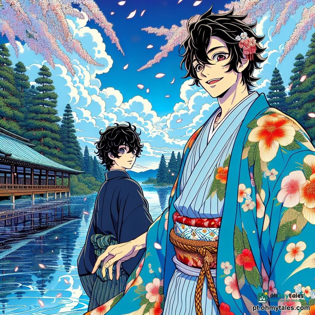 Um homem chamado Hiroshi, na casa dos trinta anos, está à beira de um lago cintilante, com o rosto sereno e sorridente, os olhos brilhando de curiosidade. Ele veste um quimono tradicional com estampas de flores de cerejeira, que flutua suavemente ao vento. Ao seu lado, Takumi, um jovem de 20 anos com cabelos negros e cacheados, observa o lago com admiração. Ele usa um yukata azul simples, com os ombros ligeiramente curvados pela fadiga, mas sua expressão é cheia de esperança e determinação. O cenário é uma paisagem encantadora do Japão antigo, com majestosos pinheiros ao redor do lago, suas ramas balançando suavemente. O céu é de um azul radiante, pontilhado de nuvens brancas e fofas, enquanto pétalas de cerejeira caem lentamente, criando uma atmosfera mágica. A cena principal mostra Hiroshi e Takumi se preparando para atravessar o lago, com os corações cheios de esperança, enquanto uma brisa suave faz a água ondular como um espelho, refletindo sua amizade e a beleza da natureza ao redor.