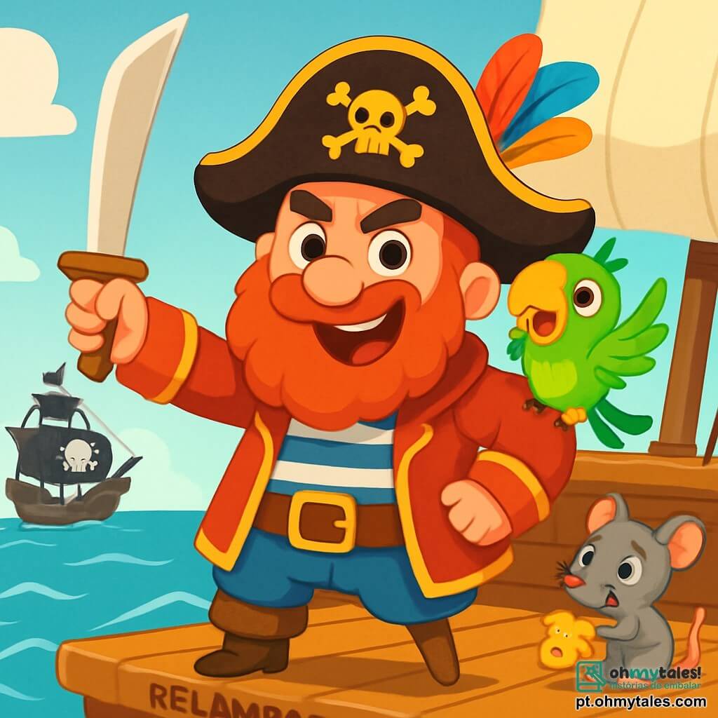 Um capitão pirata, um homem de rosto jovial com uma grande barba ruiva e um chapéu de pirata adornado com penas coloridas, está em pé no convés de seu navio, o Relâmpago do Mar. Ele tem um sorriso determinado e olhos brilhantes de excitação, brandindo uma espada de madeira com bravura. Ao seu lado, um pequeno papagaio de penas verdes e amarelas, chamado Paco, está empoleirado em seu ombro, rindo e fazendo caretas, enquanto uma pequena ratinha, Lili, com pelagem cinza e olhos travessos, mastiga um pedaço de queijo no convés, observando a cena com curiosidade. O local é um vasto oceano azul, com ondas brilhantes sob o sol, e o navio pirata está cercado por velas brancas flutuando ao vento. Ao fundo, um navio inimigo, o Barba-Cinza, aparece no horizonte, ameaçador, com velas negras e uma bandeira de caveira. A situação principal mostra o capitão Valente desafiando o pirata Barba-Cinza, pronto para defender seu tesouro, enquanto seus amigos, Paco e Lili, o encorajam com entusiasmo.