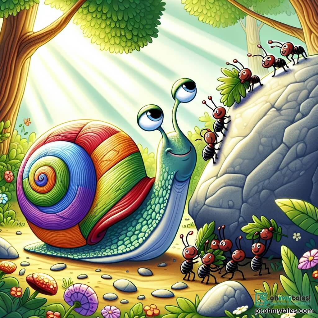 Um caracol chamado Carlinhos, com uma concha colorida em espiral e um rosto sorridente, observa com determinação uma grande pedra que bloqueia seu caminho. Seus olhos brilham de esperança enquanto ele pensa em uma solução. Perto dali, um grupo de pequenas formiguinhas trabalha em conjunto, cada uma carregando folhas e gravetos, com expressões concentradas em seus rostos. Elas são pequenas, mas seus esforços são visíveis enquanto se preparam para empurrar a pedra. A cena se passa em uma floresta encantada, cheia de flores vibrantes e árvores majestosas, com raios de sol filtrando através da folhagem. Carlinhos, determinado, pede ajuda às formiguinhas para mover a pedra que bloqueia seu caminho, ilustrando a importância da cooperação e da amizade.
