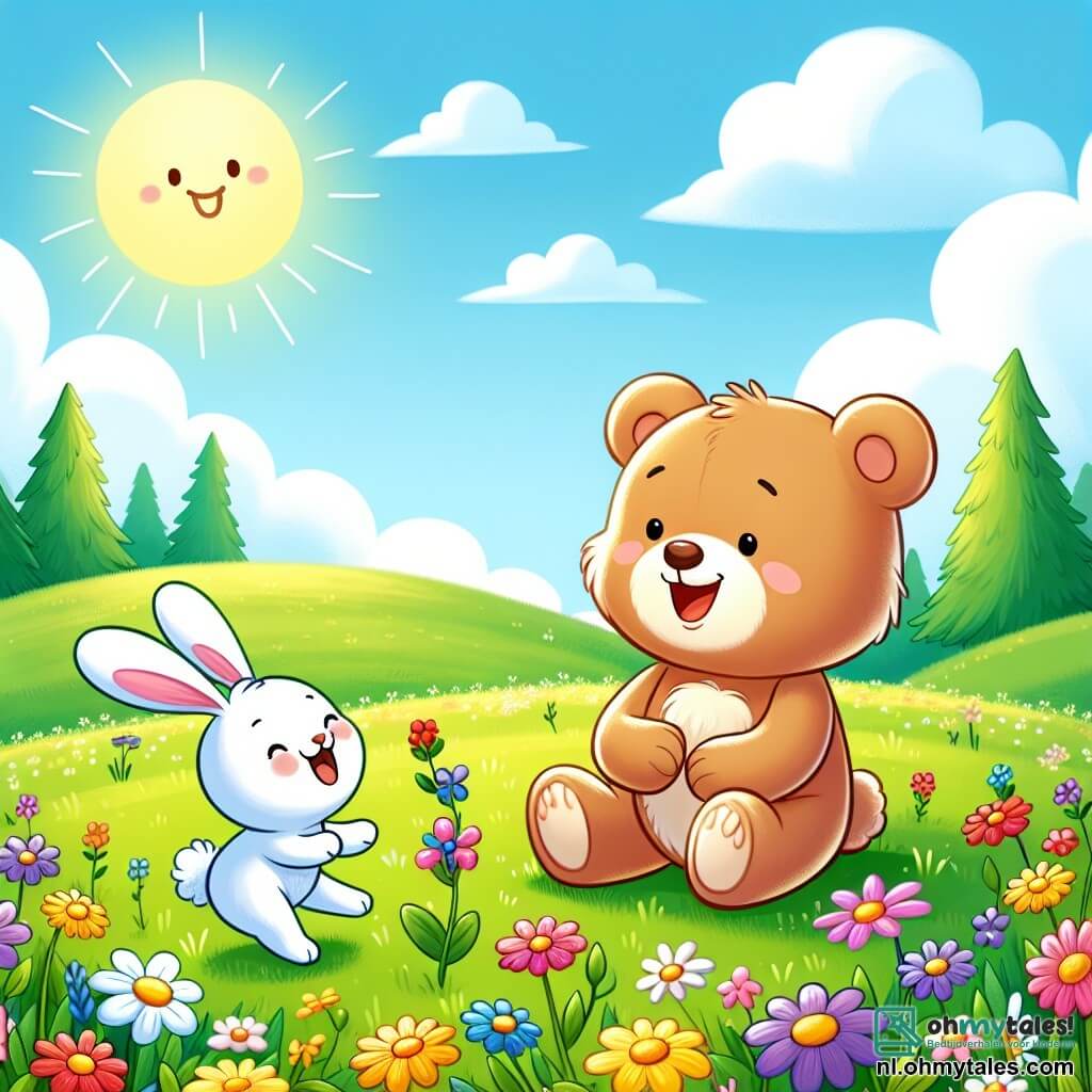 Een zachte, pluizige teddybeer met een lichtbruine vacht en een grote blije glimlach zit op een groene heuvel, omringd door kleurrijke bloemen. Hij kijkt verwonderd naar een klein konijn met grote oren en een zachte witte vacht dat vrolijk om hem heen springt, vol enthousiasme. De plek is een uitgestrekte zonnige weide, bezaaid met stralende bloemen in alle kleuren, onder een heldere blauwe lucht met enkele donzige wolken. In de verte zijn majestueuze bomen te zien en een zachte bries laat het hoge gras dansen. De hoofdscène toont de beer en het konijn die samen bloemen plukken, lachend en momenten van saamhorigheid delend, wat hun vriendschap en het belang van gelijkheid tussen alle dieren in het bos illustreert, ongeacht hun grootte of soort.
