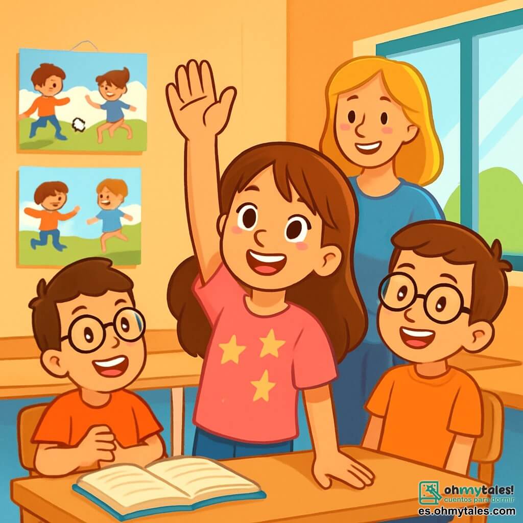 Una niña de 8 años, llamada Sofía, con largos cabellos castaños y ojos llenos de curiosidad, sonríe alegremente levantando la mano en un aula luminosa. Lleva una camiseta rosa con estrellas y unos jeans azules. A su lado, su amigo Luis, un niño de 8 años con cabello corto y gafas, la anima con una gran sonrisa, sentado en una silla de madera. El aula está llena de colores vivos, con carteles en las paredes que muestran dibujos de niños jugando juntos. Los escritorios de madera están dispuestos en círculo, y una gran ventana deja entrar la luz del sol, iluminando el espacio. Sofía y Luis discuten con entusiasmo las actividades que organizarán para ayudar a sus compañeros, mientras la maestra Clara, una mujer sonriente con cabello rubio y un suéter azul, los observa con benevolencia, lista para apoyarlos en su proyecto.