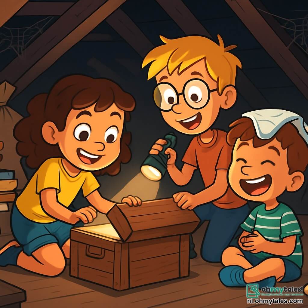 Een 8-jarig meisje, Mila, met bruin, krullend haar en ondeugende ogen, zit voor een oude houten kist op de zolder. Ze draagt een felgeel T-shirt en een spijkerbroekshort, en haar gezicht straalt opwinding en nieuwsgierigheid uit. Naast haar kijkt haar 9-jarige broer, Bram, met messy blond haar en een bril, glimlachend naar de kist terwijl hij een zaklamp vasthoudt die de binnenkant verlicht. Verderop zit hun 5-jarige broertje, Ties, met kastanjebruin haar en een gestreept T-shirt, op de grond te lachen en heeft hij een onderbroek op zijn hoofd, wat een komisch element aan de scène toevoegt. De zolder is donker en stoffig, vol met oude speelgoed, gestapelde boeken en spinnenwebben die van de houten balken hangen. Het licht van de zaklamp creëert dansende schaduwen op de muren. Mila opent de kist vol verwachting, terwijl haar broers om haar heen staan, klaar om de verborgen schatten binnenin te ontdekken, wat een sfeer van avontuur en familietrouw creëert.