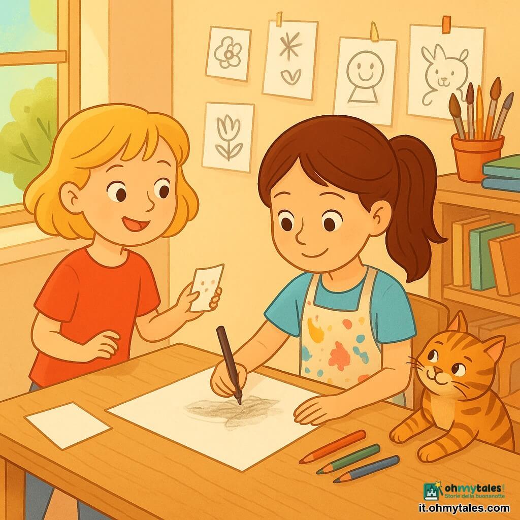 Sofia (circa 9 anni) è seduta a un grande tavolo di legno chiaro, concentrata e serena, capelli castani raccolti in coda, indossa un grembiule macchiato e disegna delicatamente a matita e carboncino su un grande foglio bianco; Marta (circa 9 anni) è in piedi a sinistra, curiosa e sorridente, capelli biondi corti, porge una piccola pagina a Sofia; il gatto tigrato Macchia è sul bordo destro del tavolo, rilassato con una zampa su alcune matite; l'atelier è una stanza luminosa con una grande finestra a sinistra che lascia entrare un raggio di sole, scaffali di legno con fogli e vasetti di pennelli e muri con disegni in bianco e nero; la scena ritrae un momento calmo e creativo con le bambine che disegnano insieme, fogli sparsi e morbide ombre della luce mattutina.