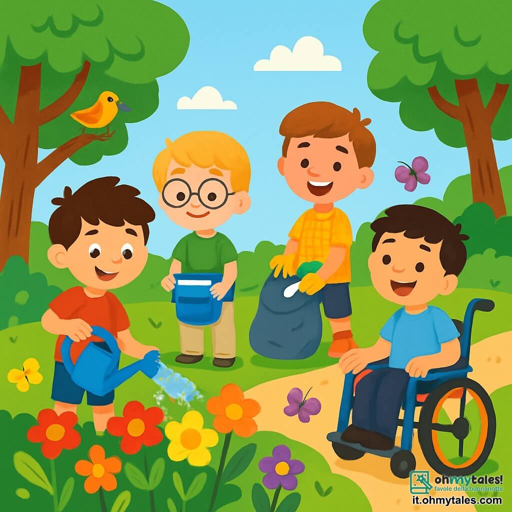 Ci sono 4 bambini: Marco, un ragazzo di 8 anni con capelli castani e occhi brillanti, indossa una maglietta rossa e pantaloni blu e annaffia i fiori; Luca, un ragazzo di 7 anni con capelli biondi e occhiali rotondi, indossa una maglietta verde e pantaloni beige e tiene un secchio d'acqua; Tommaso, un ragazzo di 9 anni con capelli castani e un grande sorriso, indossa una camicia a quadri e pantaloni corti e raccoglie rifiuti con guanti; Andrea, un ragazzo di 6 anni con capelli neri e occhi dolci, è in una sedia a rotelle colorata, indossa una maglietta azzurra e sorride guardando i suoi amici lavorare. Il luogo è un giardino lussureggiante, pieno di fiori colorati come rosso, giallo e viola, con alberi maestosi e un sentiero di ghiaia. I bambini si prendono cura del giardino: Marco e Luca annaffiano i fiori, mentre Tommaso raccoglie i rifiuti. Andrea, felice, li incoraggia con un grande sorriso, creando un'atmosfera di amicizia e gioia.