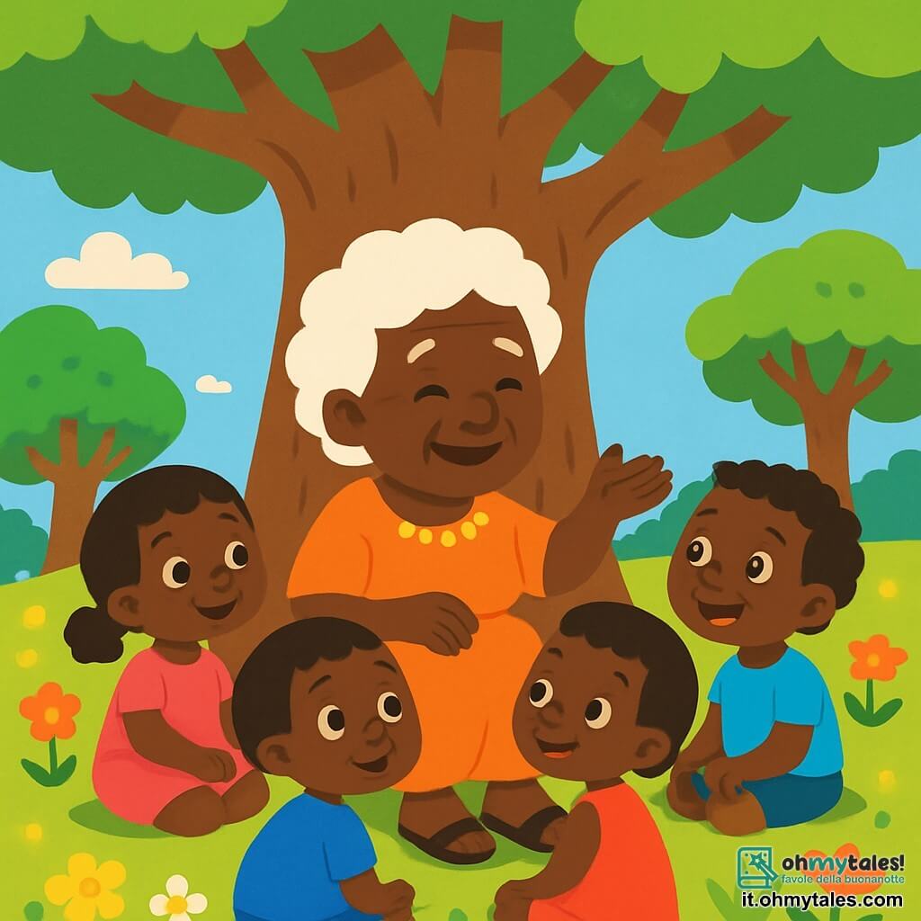 Nonna Amina è una donna anziana, con capelli bianchi come nuvole e un sorriso caloroso. È seduta sotto un grande baobab, circondata da bambini curiosi e meravigliati. I bambini, ragazzi e ragazze, hanno tra 5 e 8 anni, indossano vestiti colorati e hanno occhi brillanti di eccitazione. Il luogo è un prato soleggiato, pieno di fiori vivaci e alberi maestosi, con un cielo blu intenso sullo sfondo. Nonna Amina racconta una storia magica, i bambini seduti in cerchio attorno a lei, rapiti dalle sue parole, i loro volti illuminati dalla gioia e dalla meraviglia.