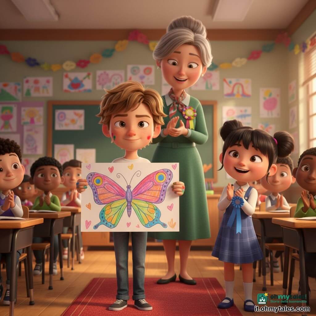 Un ragazzo di 10 anni, capelli castano chiaro spettinati e dita macchiate di pittura, sguardo vivace e sorriso timido ma determinato, tiene contro il petto un grande disegno colorato di farfalle; a destra Sofia, circa 10 anni, capelli neri a coppie, occhi ridanciani, applaude con un nastro blu in mano; la maestra, donna di circa 35 anni con capelli grigi raccolti in uno chignon, veste un abito verde e una sciarpa, è dietro i bambini sorridente e pronta a mettere una coccarda; la scena è in un’aula luminosa con grandi finestre, pareti coperte di disegni, banchi di legno, ghirlande di carta e caldi raggi di sole; il ragazzo presenta il disegno in piedi su un piccolo tappeto rosso al centro, luce soffusa su di lui, altri bambini sullo sfondo ammirano; atmosfera calda e rassicurante, colori vivaci e pastello, texture morbide, espressioni leggibili; inquadratura a mezza figura leggermente dal basso per rendere il ragazzo eroico ma infantile, profondità di campo dolce con dettagli nitidi sul disegno; stile 3D animato con tratti arrotondati, illuminazione cinematografica e finitura liscia e colorata.
