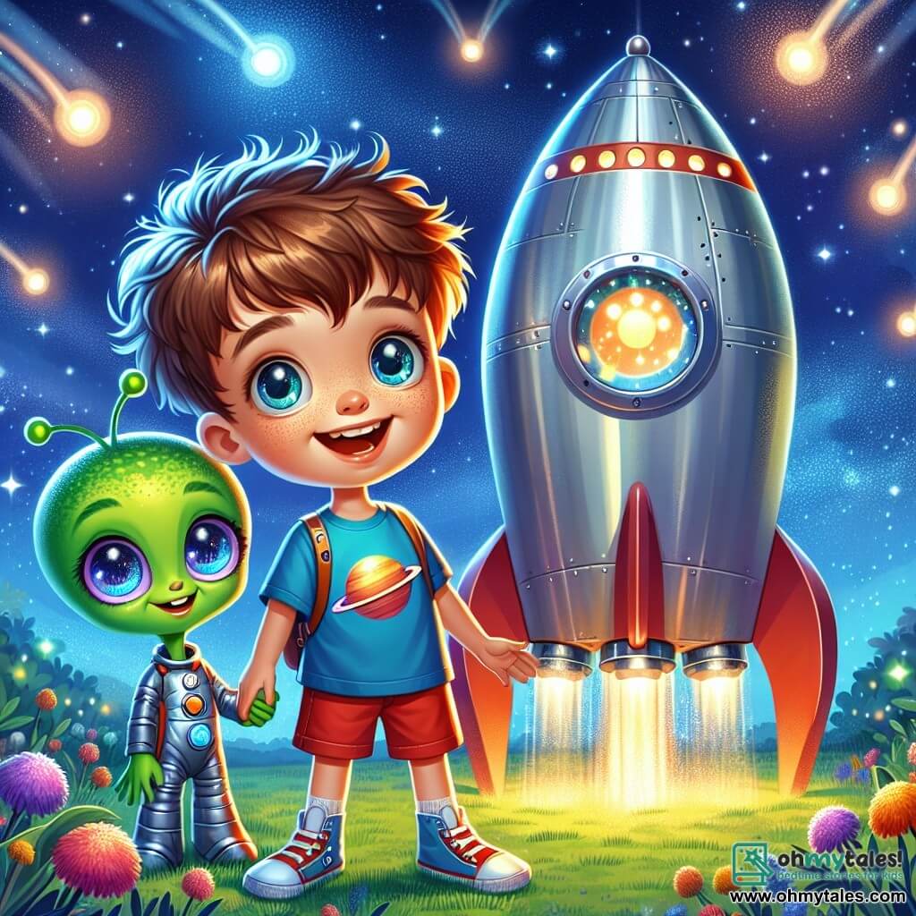 An 8-year-old boy named Jasper, with messy brown hair and sparkling curious eyes, stands in front of a beautiful silver rocket shining under the starlight. He wears a blue t-shirt with planet patterns and red shorts, and his face shows immense joy and palpable excitement. Next to him is a tall green alien with sparkling eyes and smooth skin, smiling warmly. The alien wears a colorful spacesuit adorned with blinking lights and holds a small shining gadget in his hand. The scene takes place in Jasper's garden, where the green grass is dotted with colorful flowers under a starry sky filled with bright constellations. The rocket is on the ground, with bright lights blinking around its window. Jasper and the alien are getting ready to board the rocket, eager for an intergalactic adventure, while a gentle night breeze makes the leaves of the surrounding trees dance.