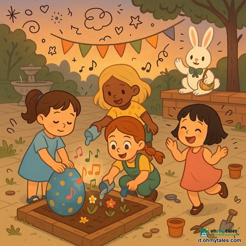 Ci sono cinque personaggi: Maia, bambina di 5 anni con capelli castani raccolti in codini, vestito azzurro chiaro, a sinistra, che posa le mani su un uovo musicale blu a pois dorati; Lina, 5 anni, capelli biondi sciolti, maglietta gialla a pois, a destra di Maia, inclinata con una bottiglietta d'acqua e sorridente; Sara, 5 anni, capelli rossi in treccia, salopette verde, accovacciata al centro che versa acqua con un bicchierino, occhi meravigliati; Ginevra, 5 anni, capelli neri corti, vestito rosa, in primo piano a destra, con un piccolo annaffiatoio giocattolo che applaude saltellando; e il Coniglio di Pasqua, coniglio bianco, papillon verde e piccola borsetta a tracolla con nastri, seduto su un muretto dietro le bambine che saluta con una zampa. Luogo: piccolo cortile di quartiere al crepuscolo, pavimentazione con aiuola centrale rettangolare di terra scura, muretto di mattoni bassi, bandierine colorate tra gli alberi, una fontanella a sinistra e alcuni vasi e attrezzi sparsi, luce calda e ombre lunghe. Situazione: le quattro bambine annaffiano un’aiuola ancora asciutta; l'uovo musicale al centro emette note visibili come piccole linee colorate e attorno spuntano minuscole foglioline e fiori, atmosfera gioiosa e magica, composizione centrata sul cerchio delle bambine attorno all’aiuola.
