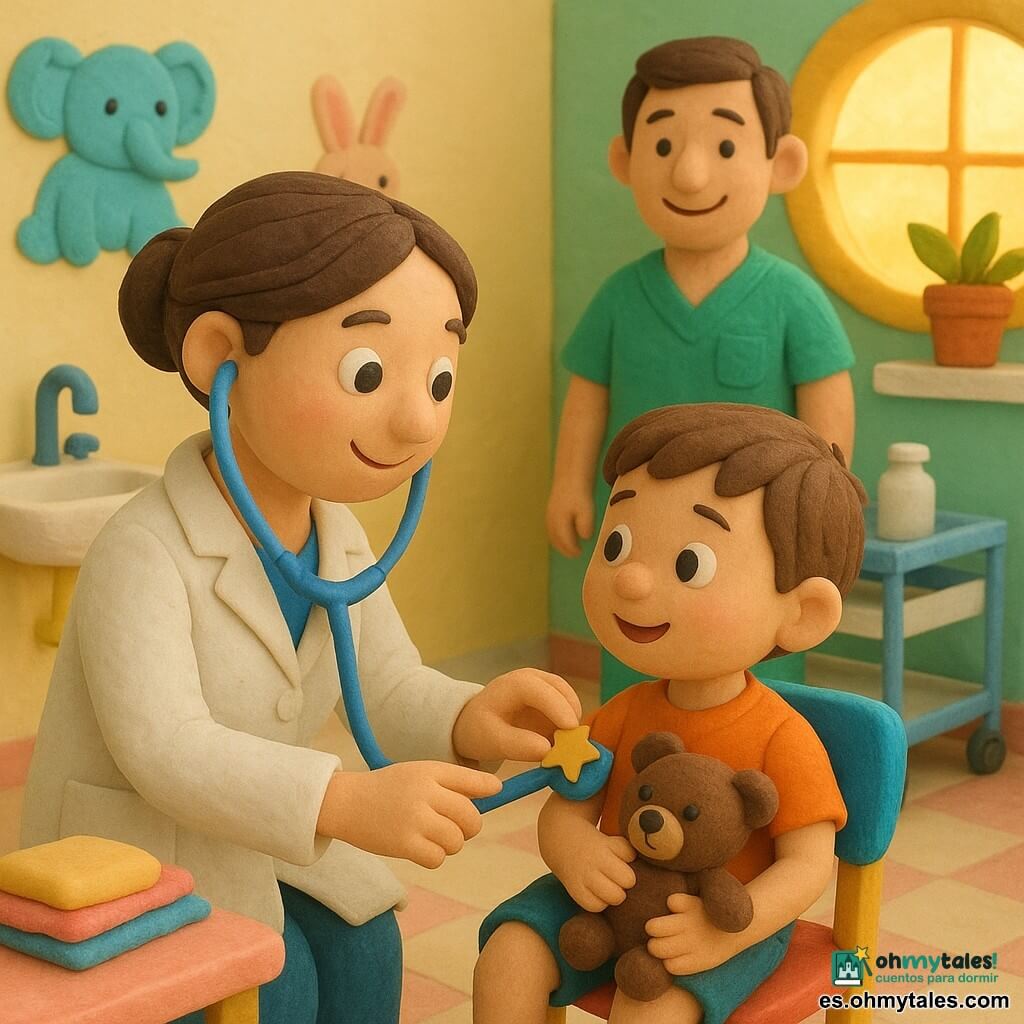 Médica sonriente y amable de cabello castaño en moño, rostro redondo y ojos grandes, con bata blanca y estetoscopio azul inclinada hacia el niño para escuchar su corazón; Tomás, de unos 4 años, cabello corto castaño, sentado en una silla colorida con su osito Bruno y mirada maravillada, toca el estetoscopio mientras recibe una estrellita adhesiva; el enfermero Pedro, adulto, alto y sonriente con uniforme verde, observa junto a un carro médico; sala pediátrica luminosa con paredes pastel y dibujos de animales, ventana circular con sol dorado, plantas en el alféizar, suelo suave y mesa con lavabo, jabón y toallas pequeñas; estilo de plastilina, colores vivos y contrastados, formas redondeadas y expresiones claras para niños pequeños.