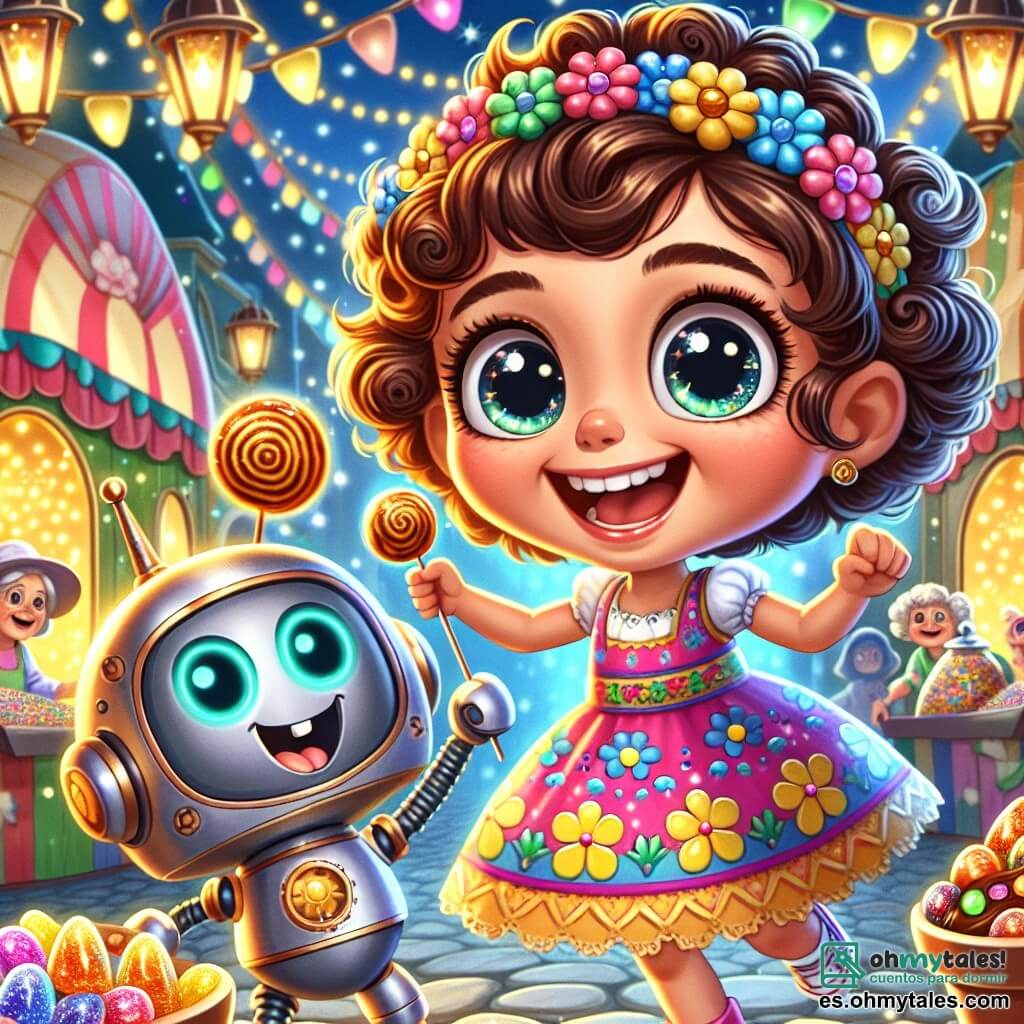 Una niña de 8 años, Lía, con cabello rizado y grandes ojos curiosos, está en el centro de la imagen, iluminada por una sonrisa de emoción. Lleva un vestido colorido con motivos florales y sostiene un caramelo brillante en su mano, flotando ligeramente sobre el suelo, como si estuviera a punto de volar. A su lado, un robot llamado Zippy, que parece un pequeño compañero metálico con engranajes visibles y ojos brillantes, realiza piruetas alegres, moviendo sus brazos en el aire. Al fondo, una anciana con un sombrero floral, de unos 70 años, sonríe cálidamente, rodeada de tarros de caramelos coloridos. El lugar es el Mercado Mágico, un sitio vibrante y animado, lleno de puestos decorados con luces brillantes y colores vivos. La escena principal muestra a Lía y Zippy jugando con un pequeño espíritu luminoso, creando una atmósfera de magia y amistad, mientras las risas llenan el aire, capturando la esencia de una aventura fantástica en el corazón de la ciudad.