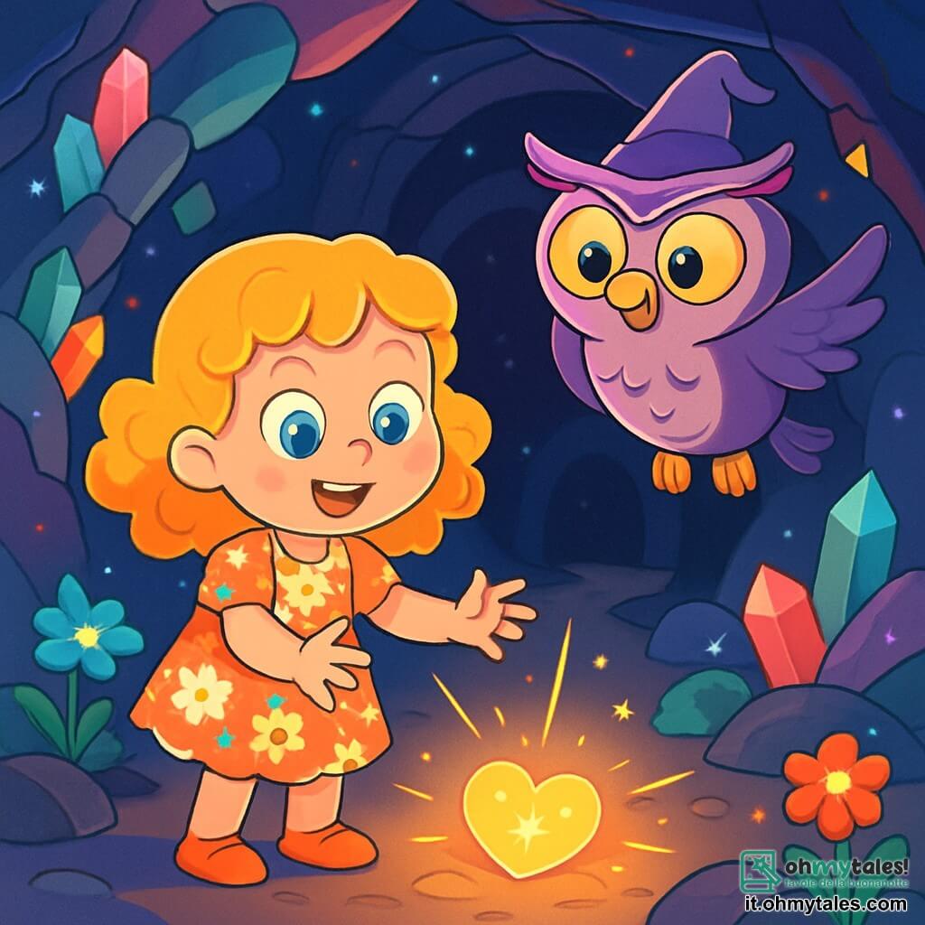 Una bambina di 6 anni, Lila, con occhi brillanti come laghi d'estate e capelli ricci dorati, si trova al centro della scena, il viso illuminato da meraviglia ed eccitazione. Indossa un vestito leggero a fiori e le sue mani sono tese verso un misterioso bagliore di luce. Accanto a lei, un gufo parlante di nome Ulisse, con piume viola e un piccolo cappello a punta, fluttua nell'aria, i suoi grandi occhi gialli fissi su Lila con benevolenza. La scena si svolge in una grotta magica, con pareti scintillanti di cristalli multicolori e fiori luminescenti che crescono tra le rocce. Lila, piena di coraggio, si prepara a raccogliere un frammento brillante del Cuore della Luce, che brilla intensamente a terra, illuminando il suo viso di una luce dorata. L'aria è carica di magia e avventura, e ogni dettaglio della grotta sembra raccontare una storia.