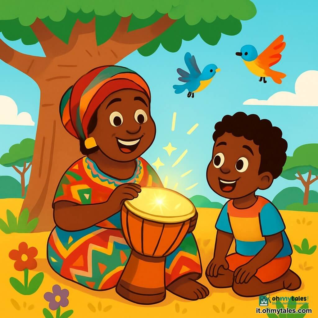 Mama Kora, una donna di mezza età con la pelle di un caldo marrone, indossa un vestito colorato decorato con motivi africani vivaci. Ha un grande sorriso che irradia curiosità e meraviglia, seduta sotto un maestoso baobab, tenendo un tamburo magico che brilla al sole. Accanto a lei, un ragazzo di circa 8 anni, con capelli crespi e occhi scintillanti, osserva con fascinazione. Indossa pantaloni corti di tessuto leggero e una maglietta dai colori vivaci, con le mani sulle ginocchia, impaziente di ascoltare la storia che Mama Kora sta per raccontare. Lo sfondo è una savana dorata, punteggiata di fiori brillanti e alberi verdi, con un cielo azzurro chiaro e alcune nuvole bianche che fluttuano. La scena principale mostra Mama Kora pronta a suonare il tamburo magico, circondata da bambini curiosi, mentre uccelli colorati volano attorno a loro, creando un'atmosfera gioiosa e misteriosa.