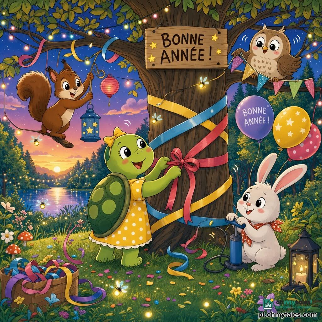 A personagem principal é uma pequena tartaruga antropomórfica, Lila, rosto sorridente, carapaça verde com manchas claras, vestido amarelo às bolinhas brancas, alegre e maravilhada, segurando fitas coloridas que prende em torno de um grande tronco; um personagem secundário é um esquilo castanho chamado Nico, olhos vivos e cauda espessa, malicioso, subindo numa rama à esquerda para pendurar guirlandas e lanternas; outro secundário é um coelhinho branco, Tico, orelhas longas rosadas e sorriso doce, enchendo balões à direita de Lila; Dona Coruja, coruja sábia e redonda de plumagem bege salpicada, olhar benevolente, segura bandeirolas brilhantes e pousa numa rama acima do grupo; o local é um bosque acolhedor ao crepúsculo, árvores de troncos texturados, folhagens verdes e douradas, clareira gramada com um lago brilhante ao fundo, guirlandas e vaga-lumes iluminando suavemente; a cena mostra uma festa de Ano Novo: animais decorando o tronco, fitas ao vento, lampiões suspensos, risos e atmosfera festiva, suave e colorida.