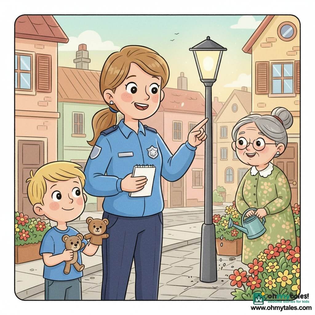 A kind, smiling policewoman with light brown hair in a ponytail, bright blue uniform and shiny badge, sparkling eyes, holding a small white notebook and pointing at a repaired streetlamp; Timmy, about six, short blond hair and curious wide eyes, holding a small stuffed toy, stands to her left; Mrs. Green, about 70, gray hair in a bun and a floral dress, waters flowers in a pot and smiles from the sidewalk in the background to the right; small-town late-afternoon street with light paving, sidewalk flower boxes in red and yellow, pastel houses with shutters, and a softly glowing modern lamp—a warm, bright, reassuring scene with soft colors and rounded shapes.