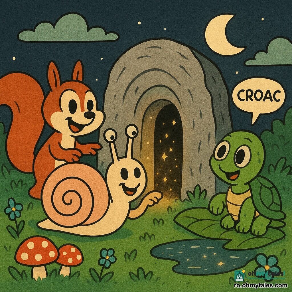 Un melc numit Sprint, rotund, cu cochilie în spirală bej-roz și față zâmbitoare, atinge cu piciorușul o piatră cu spirală sculptată; o veveriță roșcată, în picioare la stânga lui, râde și arată spre piatră; o broască verde, rotundă, stă pe o frunză lângă o băltoacă și se uită prietenește spre piatră; scena e o poiană cu iarbă cu rouă, ciuperci roșii cu pete albe și flori albastre, iar piatra gri se deschide ușor ca o ușă, dezvăluind un tunel îngust plin de licurici galbeni ca niște stele, noapte blândă cu lună argintie, culori vii, contururi rotunjite, texturi netede și lumină caldă în jurul tunelului, atmosferă magică și liniștitoare.