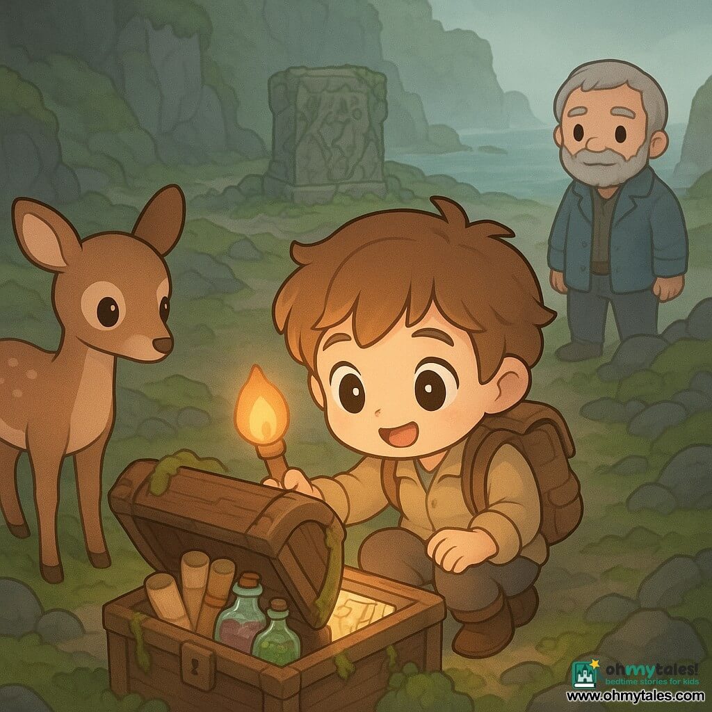 A young male explorer with a round smiling face, tousled light-brown hair and big bright eyes, amazed and determined, crouches holding a small torch as he opens an ancient moss-covered wooden chest; Jasper the watchman (~55) with a short gray beard and worn sea jacket stands on the beach in the background right watching from the shore; a delicate doe with gentle eyes stands left, attentive, nose toward the chest. Location: a coastal crater in a cliff with rocky ground and a mossy path, jagged stones, a central clearing with a vine-covered stone altar with carvings, light fog on the rocks and a small boat moored on the sand below. Moment: the chest reveals rolled scrolls, colorful herb vials and an illustrated book, warm torchlight contrasting with gray-blue fog; soft mysterious adventure mood, pastel colors, crisp outlines, rounded shapes, very kawaii.