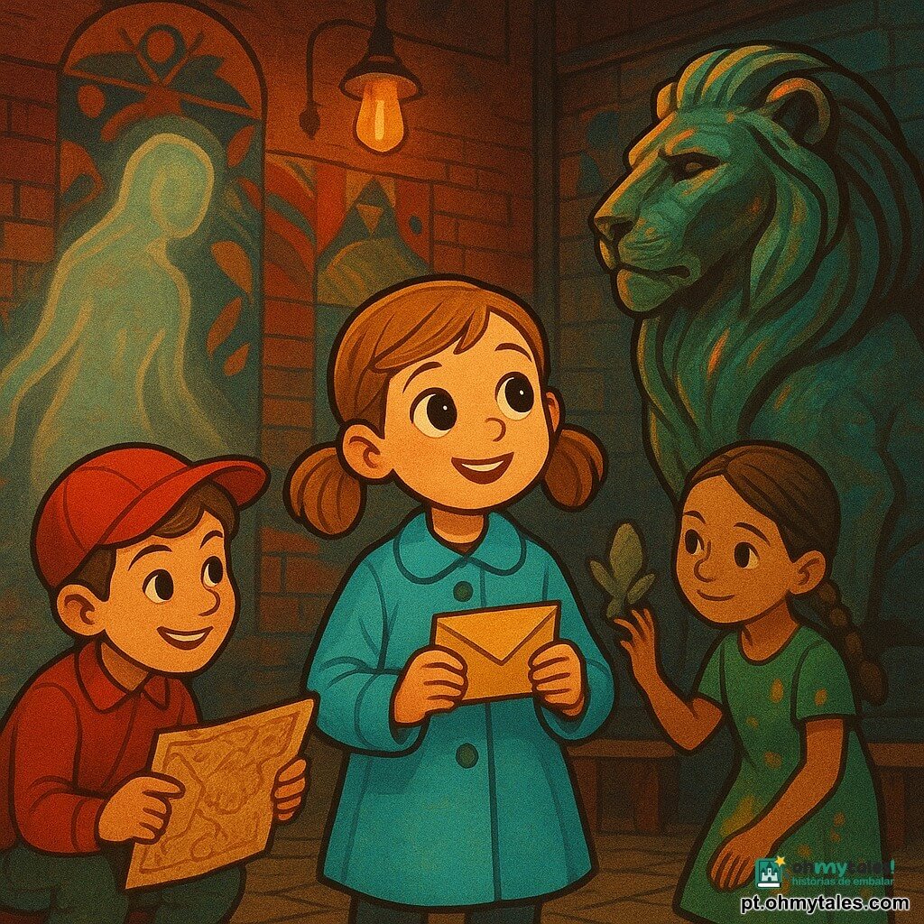 Menina de 6 anos, alegre e curiosa, cabelo castanho-claro em rabos, olhos grandes, casaco azul-claro, segura uma pequena carta dourada e olha para uma estátua de bronze; menino de ~8 anos, boné vermelho, sorriso cúmplice, agachado à esquerda mostrando um mapa antigo; menina de ~7 anos, tranças apertadas, vestido verde com manchas de tinta, em pé atrás tocando uma pequena escultura de fada em pedra; grande estátua de leão de bronze com pátina verde e reflexos cupro, postura protetora à direita; sombra fina e ondulante no chão atrás das crianças, presença tímida e luminosa; cenário: antigo galpão transformado em santuário urbano com paredes de tijolos vermelhos e murais, iluminação âmbar, bancos de madeira e vasos, chão de paralelepípedos; noite suave, crianças ouvindo a estátua e consolando a sombra, atmosfera mágica e acolhedora; paleta em tons quentes (âmbar, cobre, azul-claro, verde-musgo) e texturas detalhadas (bronze, tijolo, algodão), composição centrada na menina e na carta.
