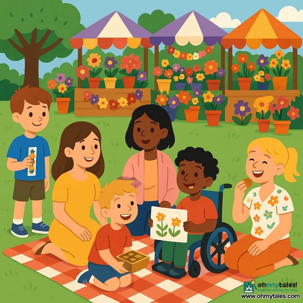 There are six people: Max (10), short brown hair, blue t-shirt, holding a colorful bookmark; Leo (9), messy blond hair, red t-shirt, holding a box of cookies; Sam (10), curly black hair, in a blue wheelchair wearing green pants, holding a garden drawing; Max’s mother (≈35), long brown hair, yellow dress, sitting on the blanket to the left; Leo’s mother (≈35), blond hair tied back, floral blouse, sitting to the right eating a cookie; Sam’s mother (≈35), mid-length black hair, pink light jacket, sitting near Sam admiring the drawing. Setting: an outdoor flower market with colorful stalls, rows of red, yellow, purple and orange pots, flower garlands, striped parasols, light cobbles and a large green lawn with a red-and-white checked picnic blanket. Main scene: a bright Mother’s Day picnic at the market where the three children present gifts (bookmark, cookies, drawing) to their mothers, wide smiles, flowers in the background, centered composition, vivid colors and simple shapes.